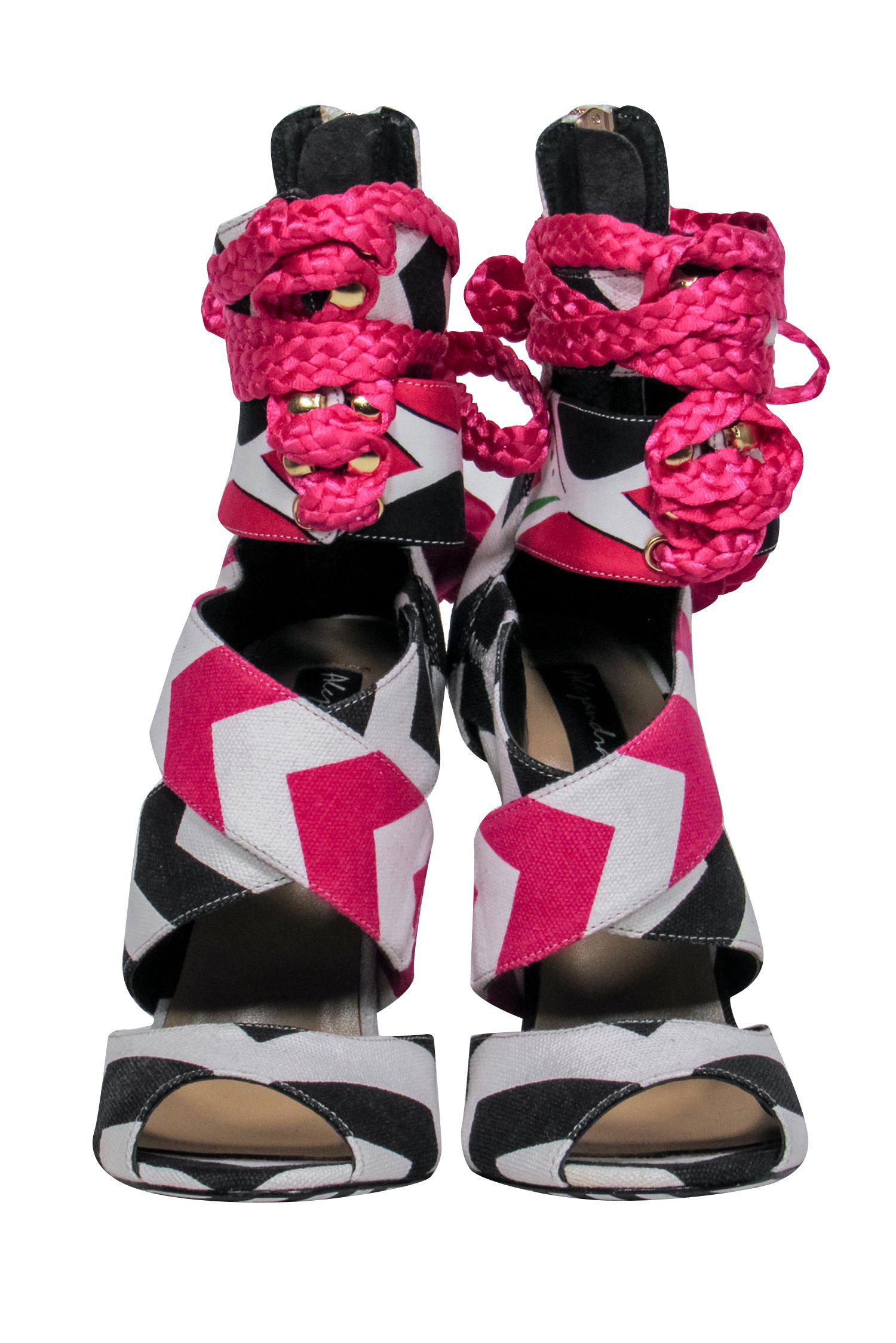 Alejandra G. Black & White Chevron Lace - Up Santiago Stilettos with Pink Rose Tassels (Size 6)