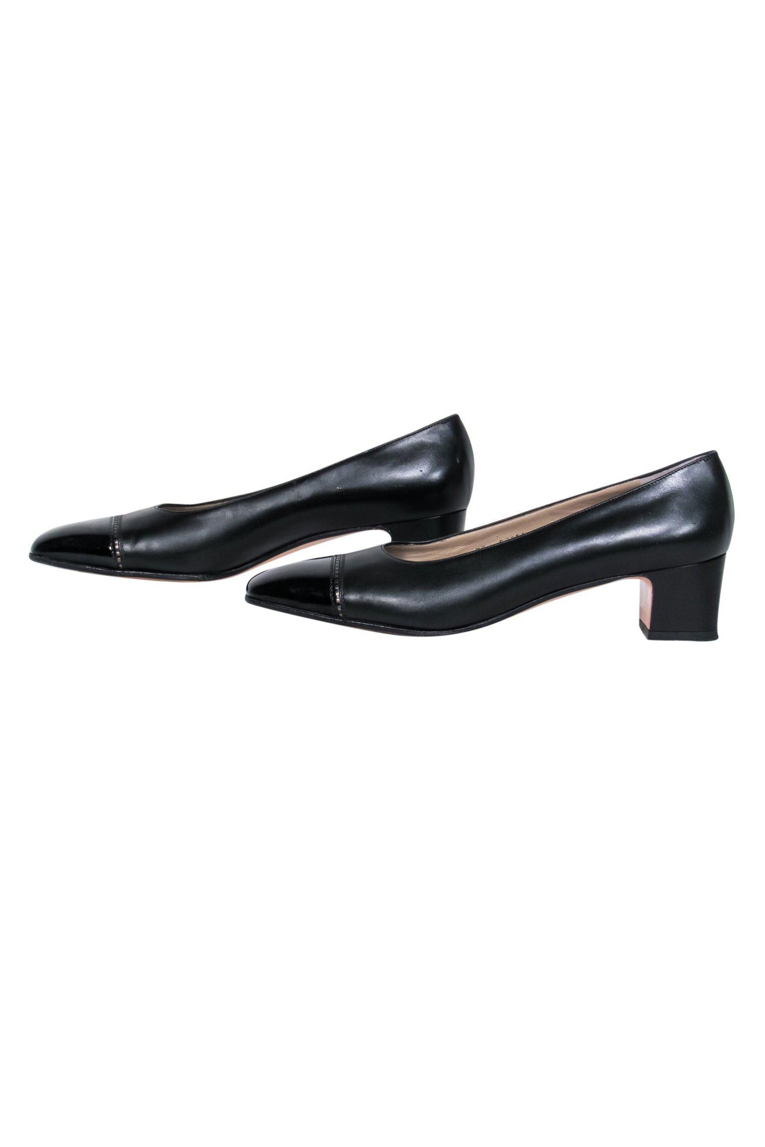 Ferragamo's Stylish Black Leather Block Heel Pumps with Patent Leather Cap Toe - Size 7.5