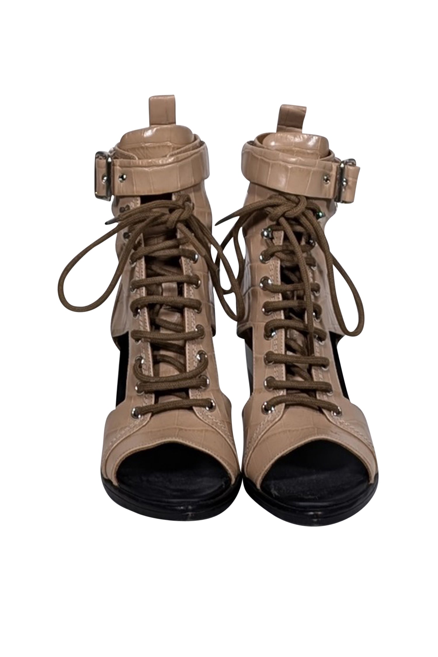 Chloe - Stylish Beige Croc Embossed Cutout Lace Up Short Boots in Size 9