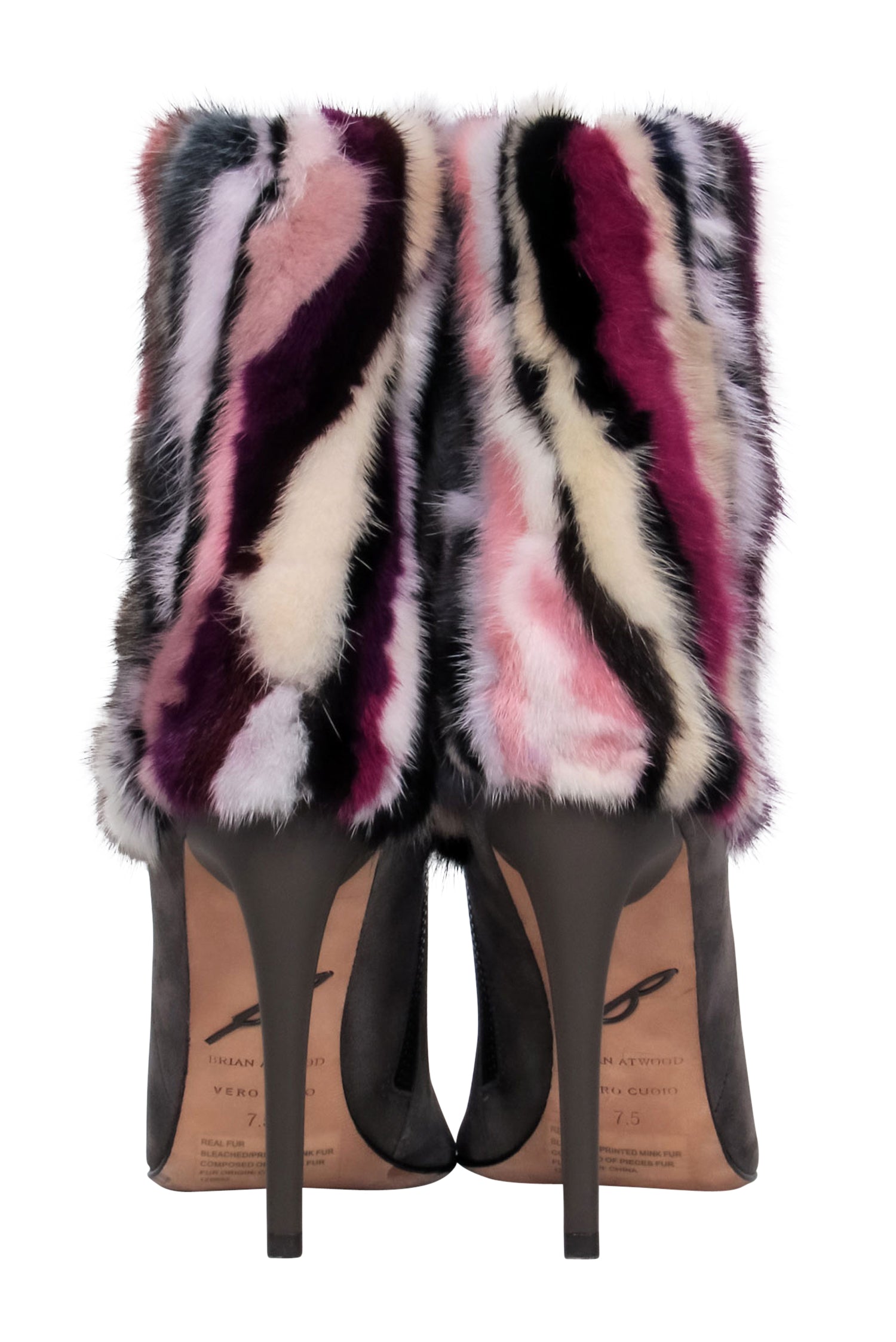 Brian Atwood Grey Suede Pointed Toe Boots with Multicolored Fur - Size 7.5 - A Fashion Statement!