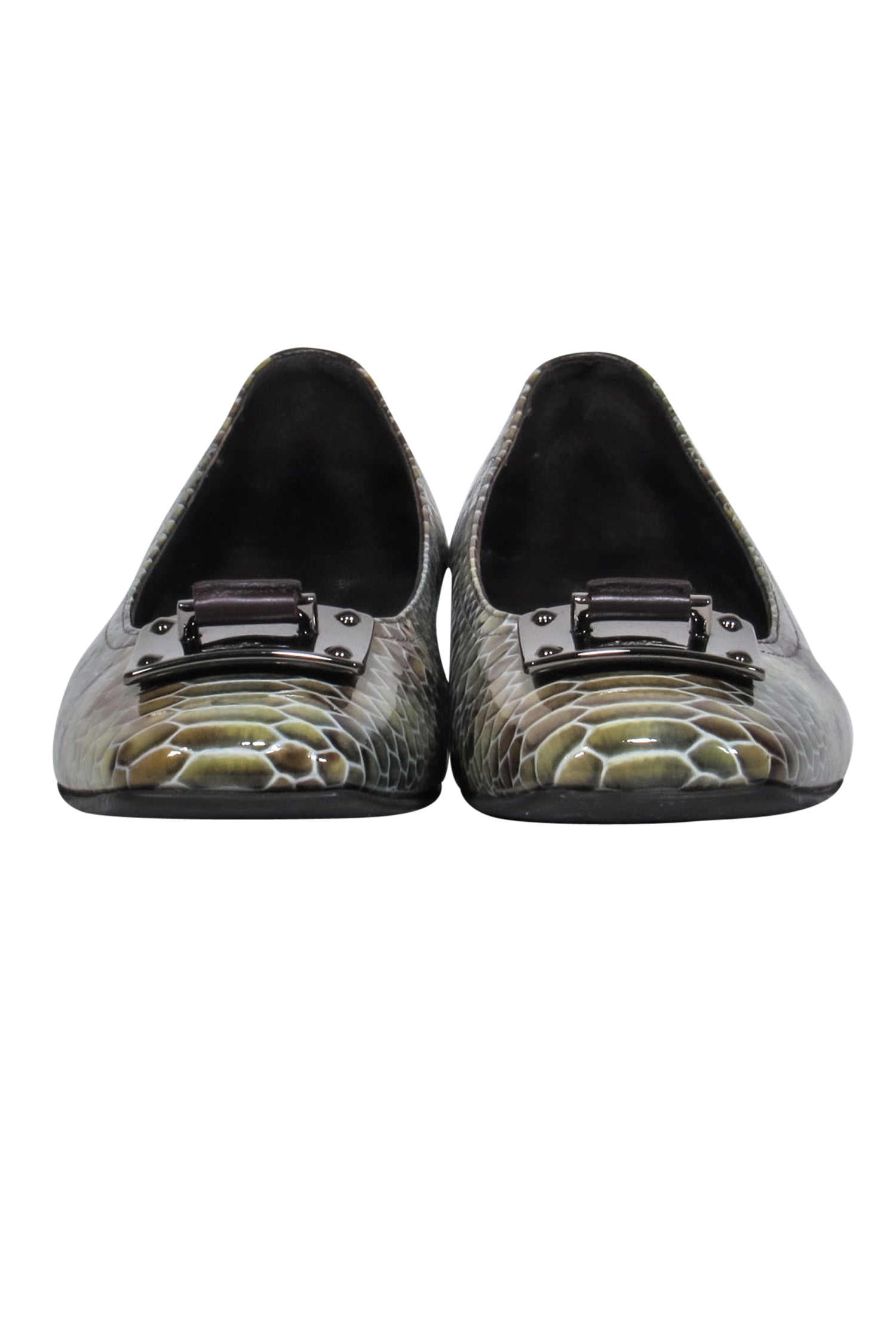 Donald J Pliner's Stunning Green & Brown Patent Leather Snakeskin Print Flats - Size 7.5