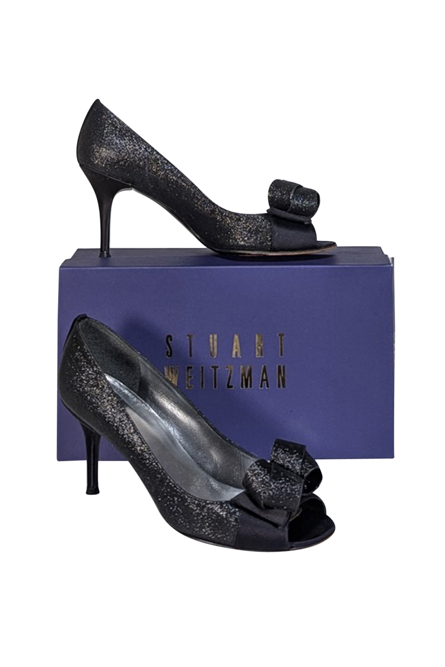 Stuart Weitzman Black Glitter Peep Toe Bow Pumps - Size 9, Sparkle for Special Occasions!