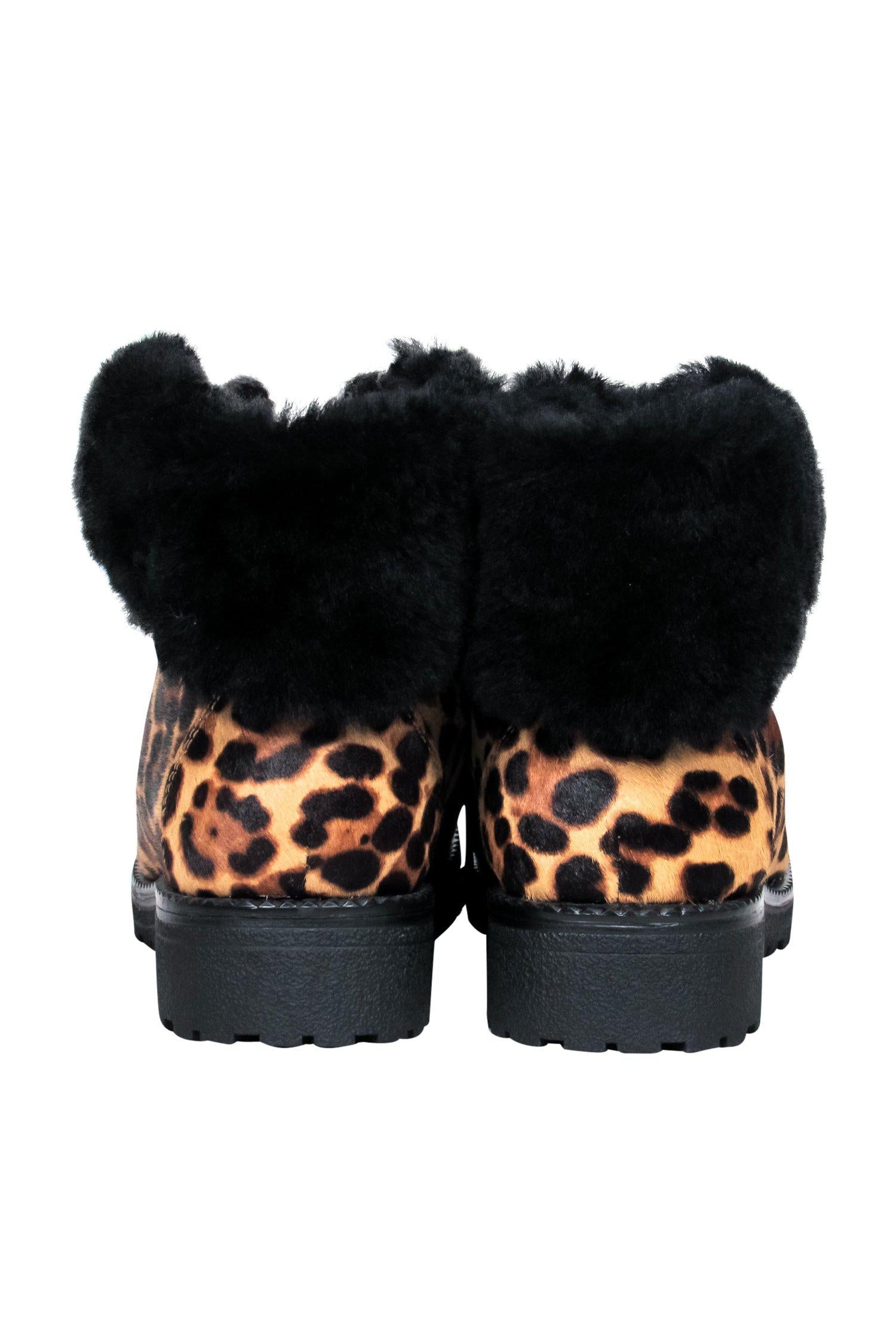 J.Crew Tan & Black Leopard Print Calf Hair Shearling Trim Combat Boots - Size 9