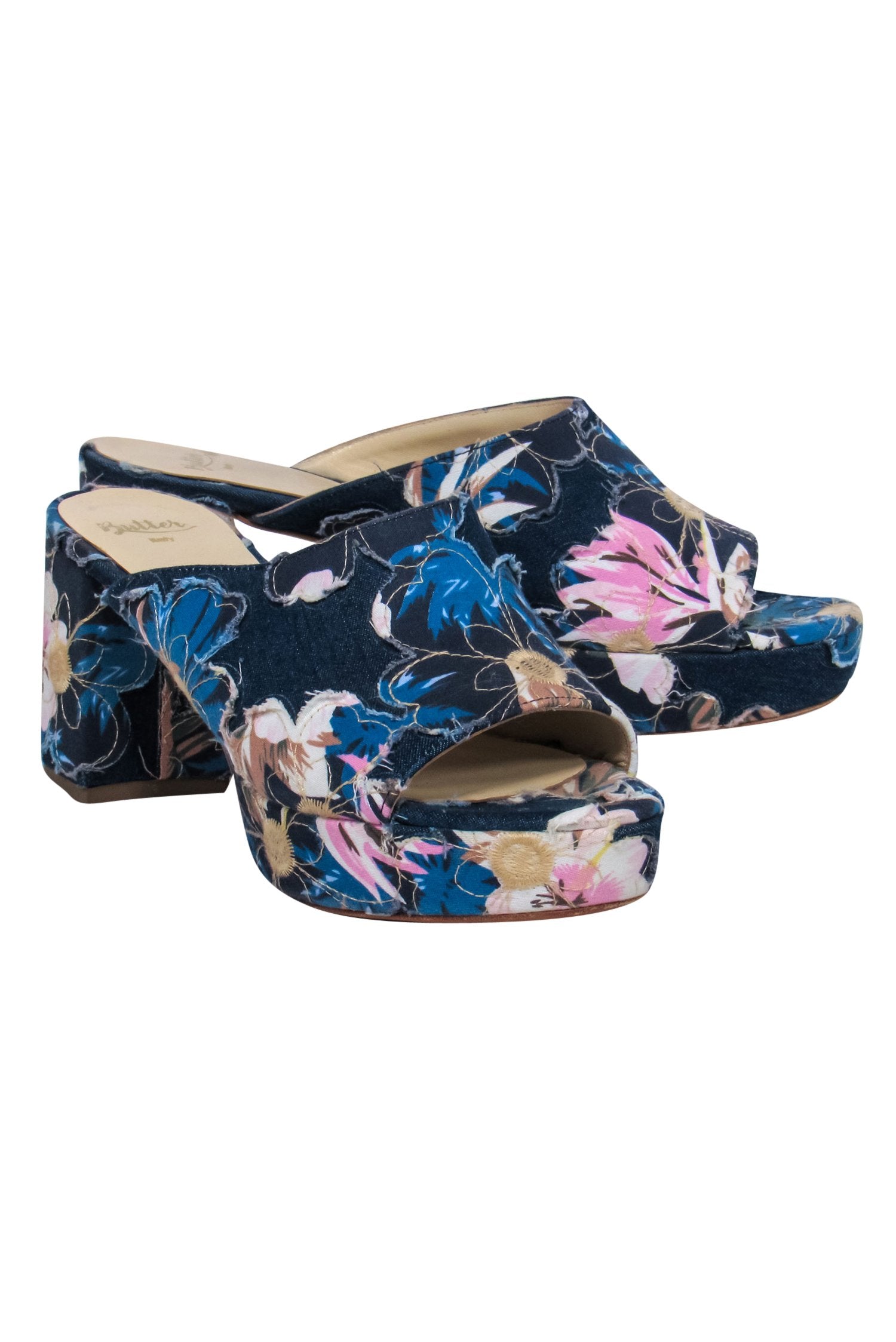 Butter Dark Wash Denim Floral Mule Pumps - Size 8