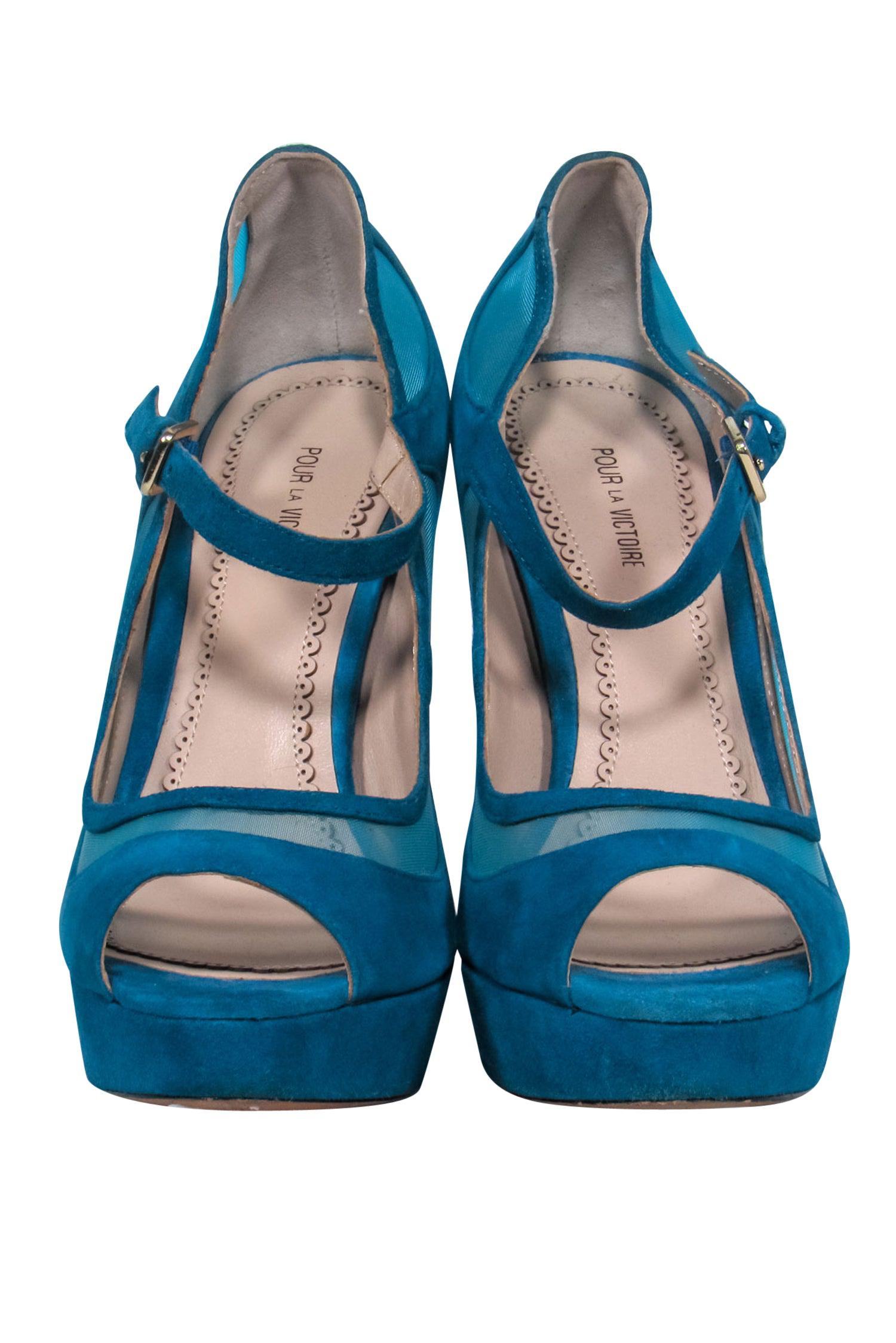 Pour La Victoire - Stunning Teal Suede Mary Jane Platform Pumps with Mesh, Size 8