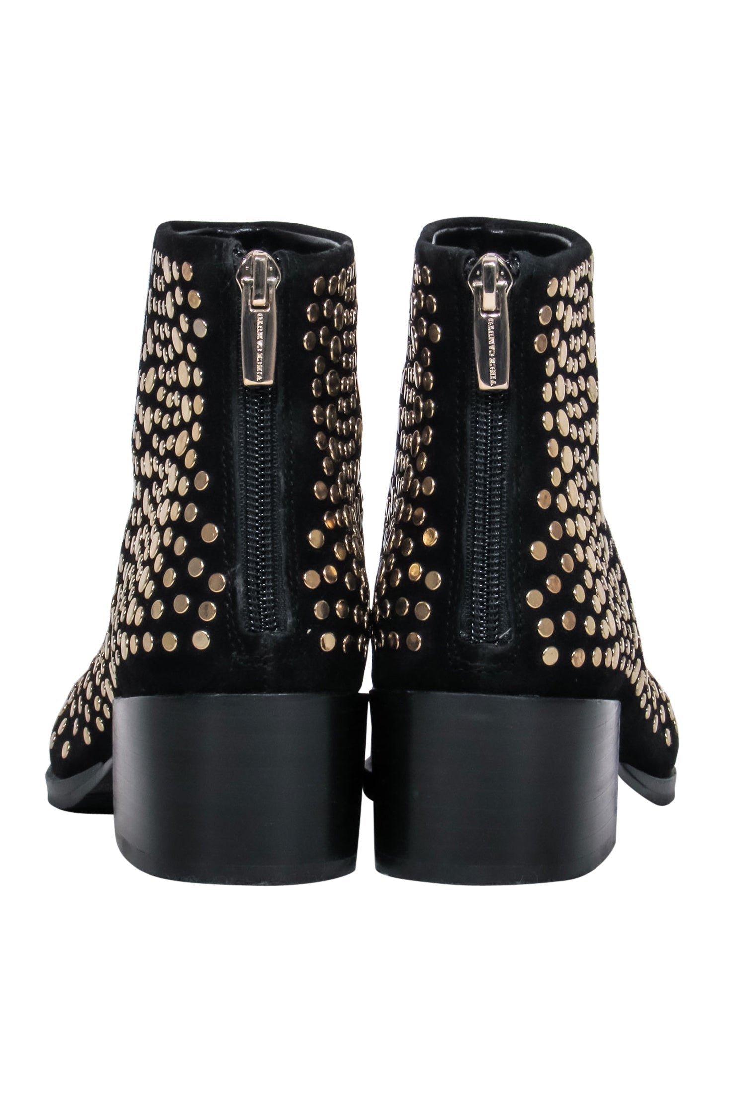 Vince Camuto's Stunning Black Suede Pointed Toe Booties with Gold Studs - Size 6