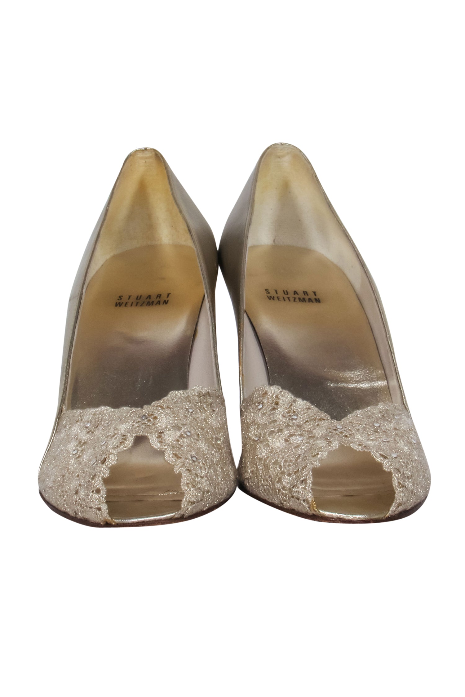 Stuart Weitzman - Glamorous Champagne Metallic Leather Lace Peep Toe Pumps Size 10