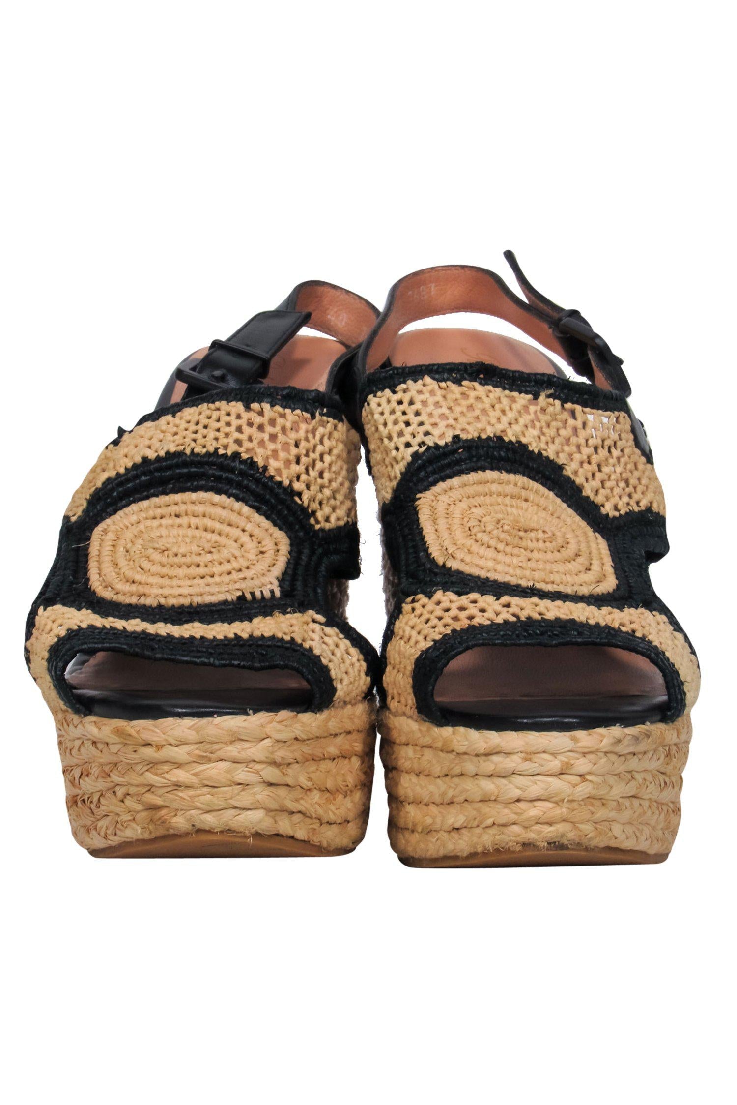 Robert Clergerie Tan Woven Platform Wedges with Black Trim - Size 9.5