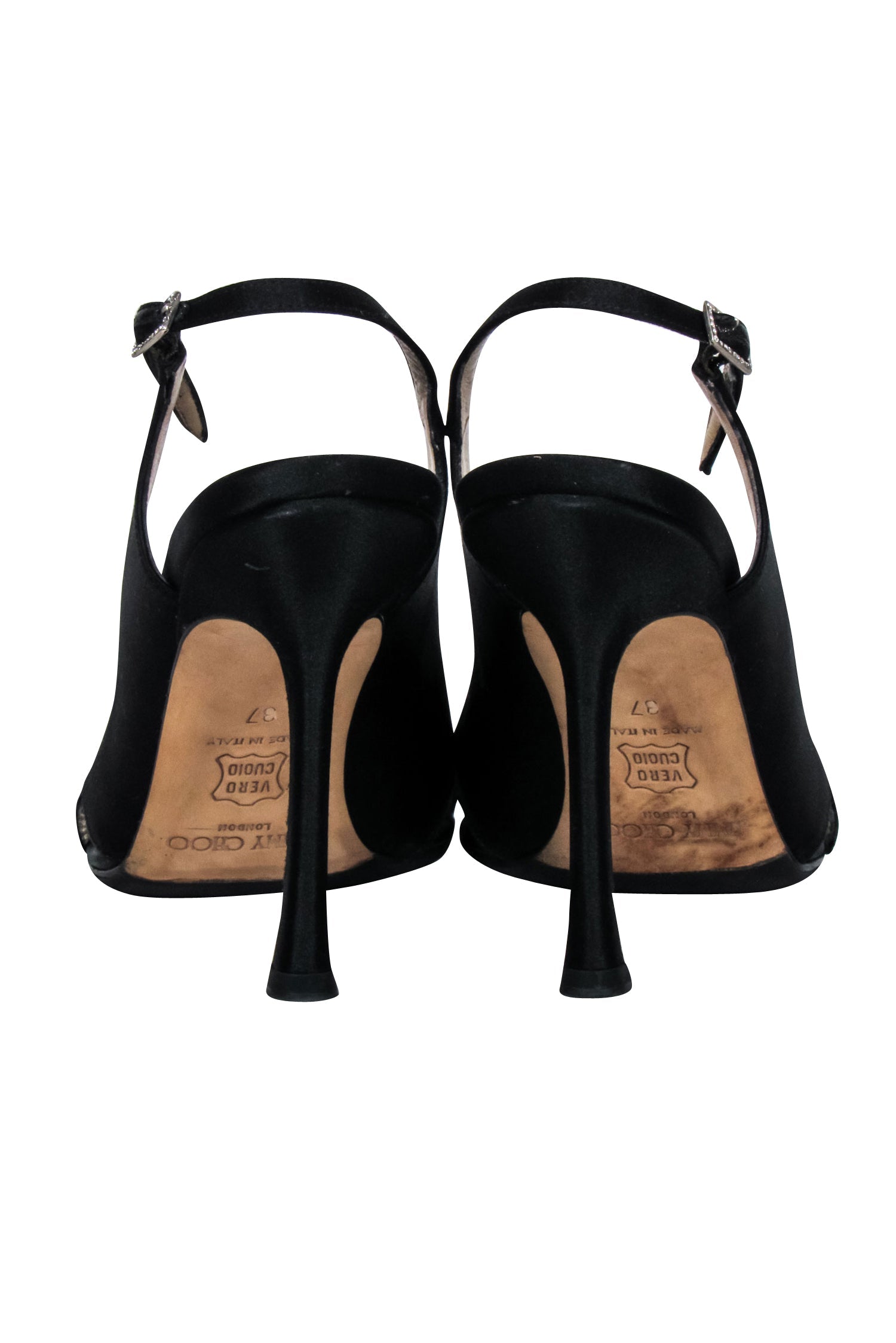 Jimmy Choo Black Satin Jeweled Open - Toe Pumps - Size 7: Sparkle at Your Next Event!