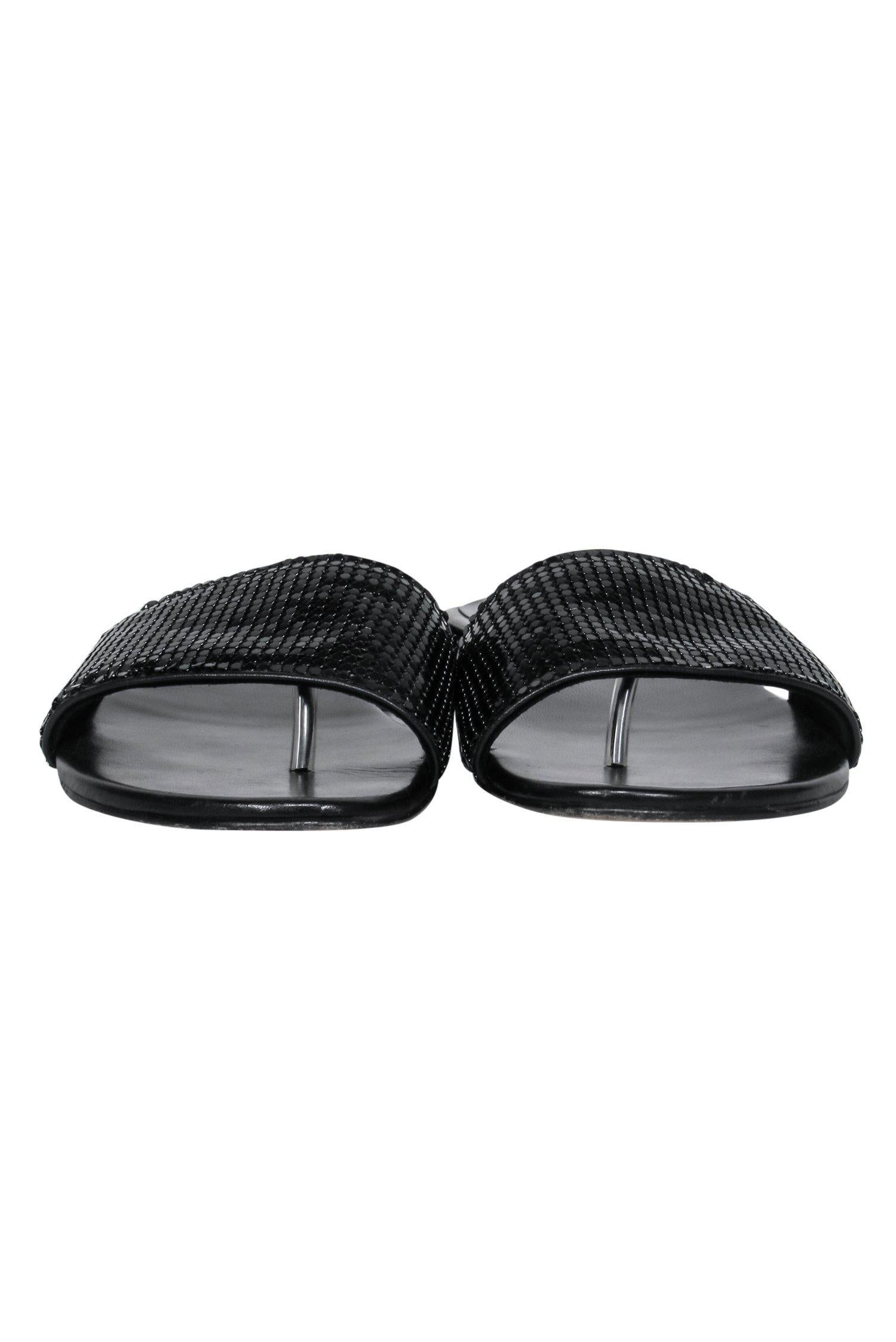 Stuart Weitzman Black Sequined Thong-Style Slide Sandals - Size 8: Sparkle and Stride!