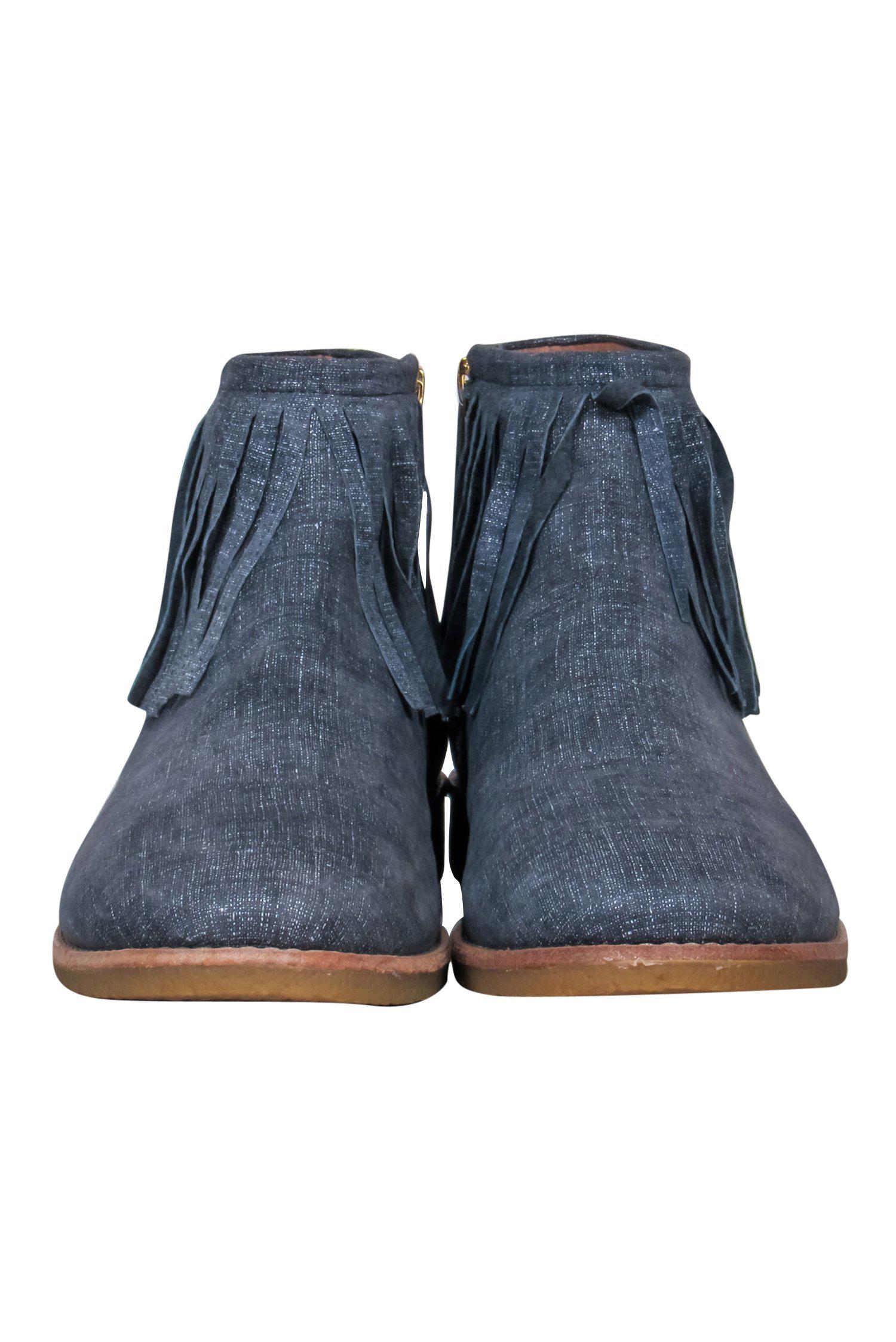 Kate Spade Blue Metallic Chambray 'Bestie' Fringe Booties - Size 9