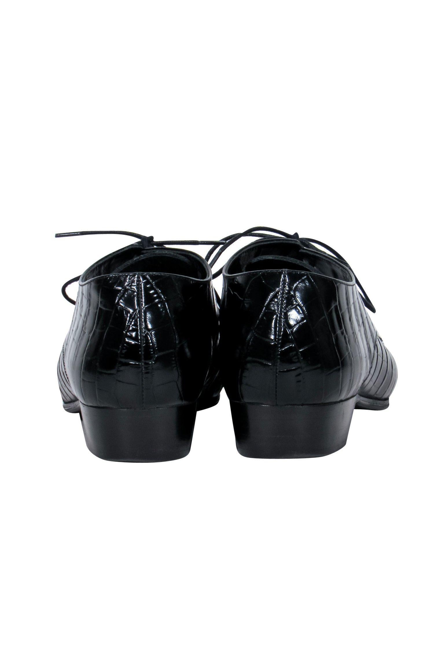 Alumnae Black Crocodile Embossed Patent Leather Pointed Toe Heel Loafers - Size 8.5