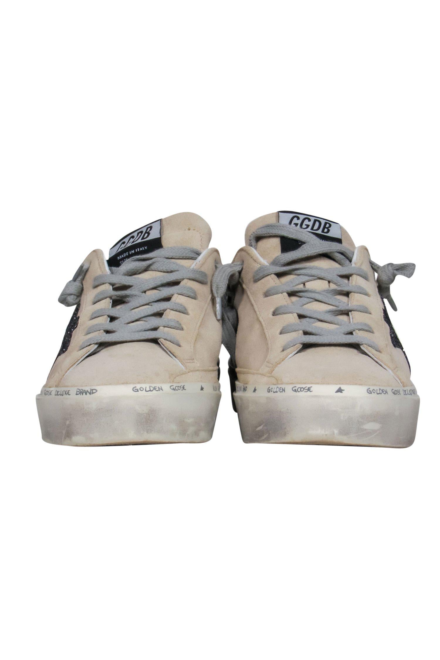 Golden Goose - Stunning Beige Suede Lace - Up Distressed Hi Star Sneakers with Sparkly Star Design, Size 8