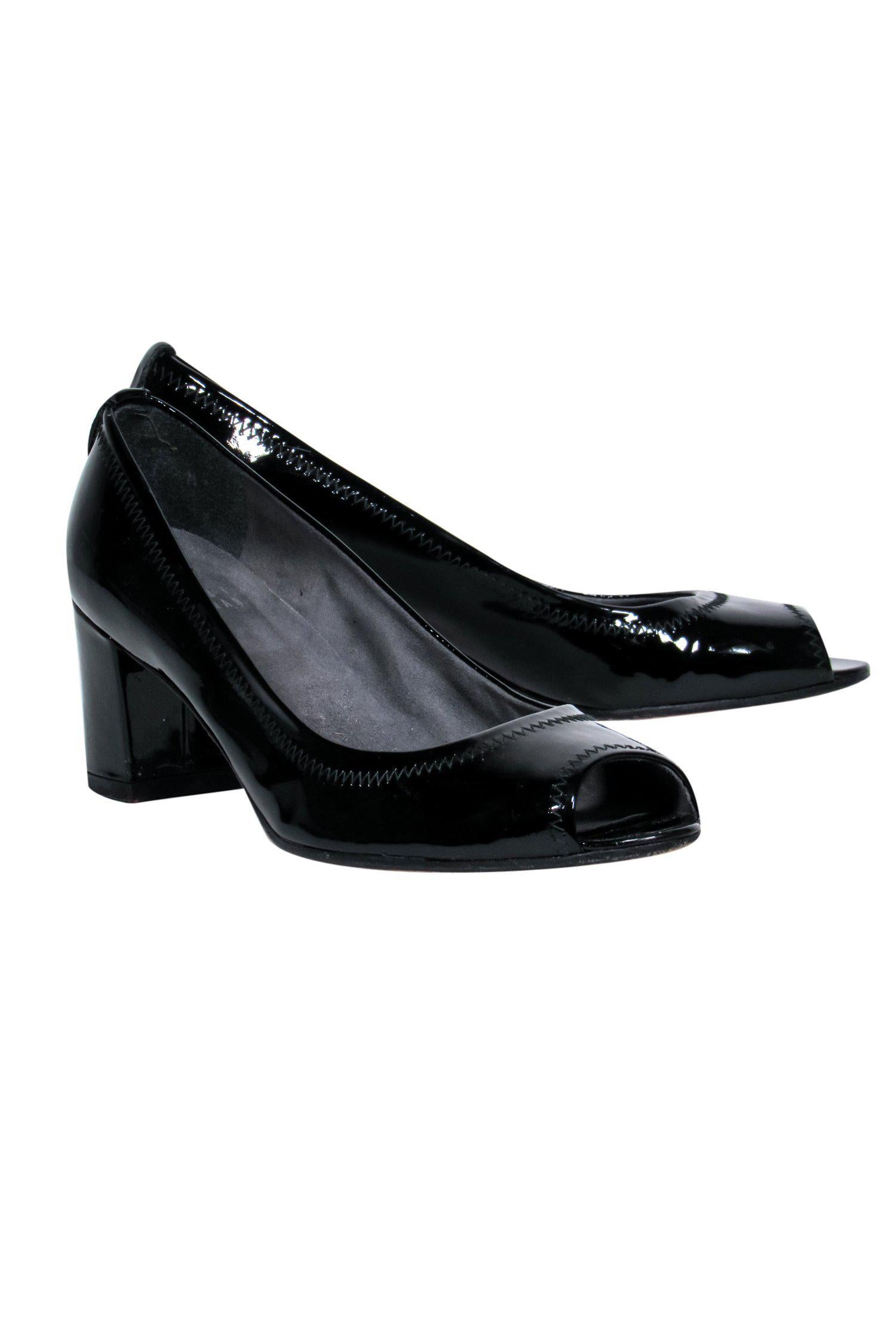 Stuart Weitzman Black Patent Leather Open Toe Block Heels - Size 7, Classic Elegance!