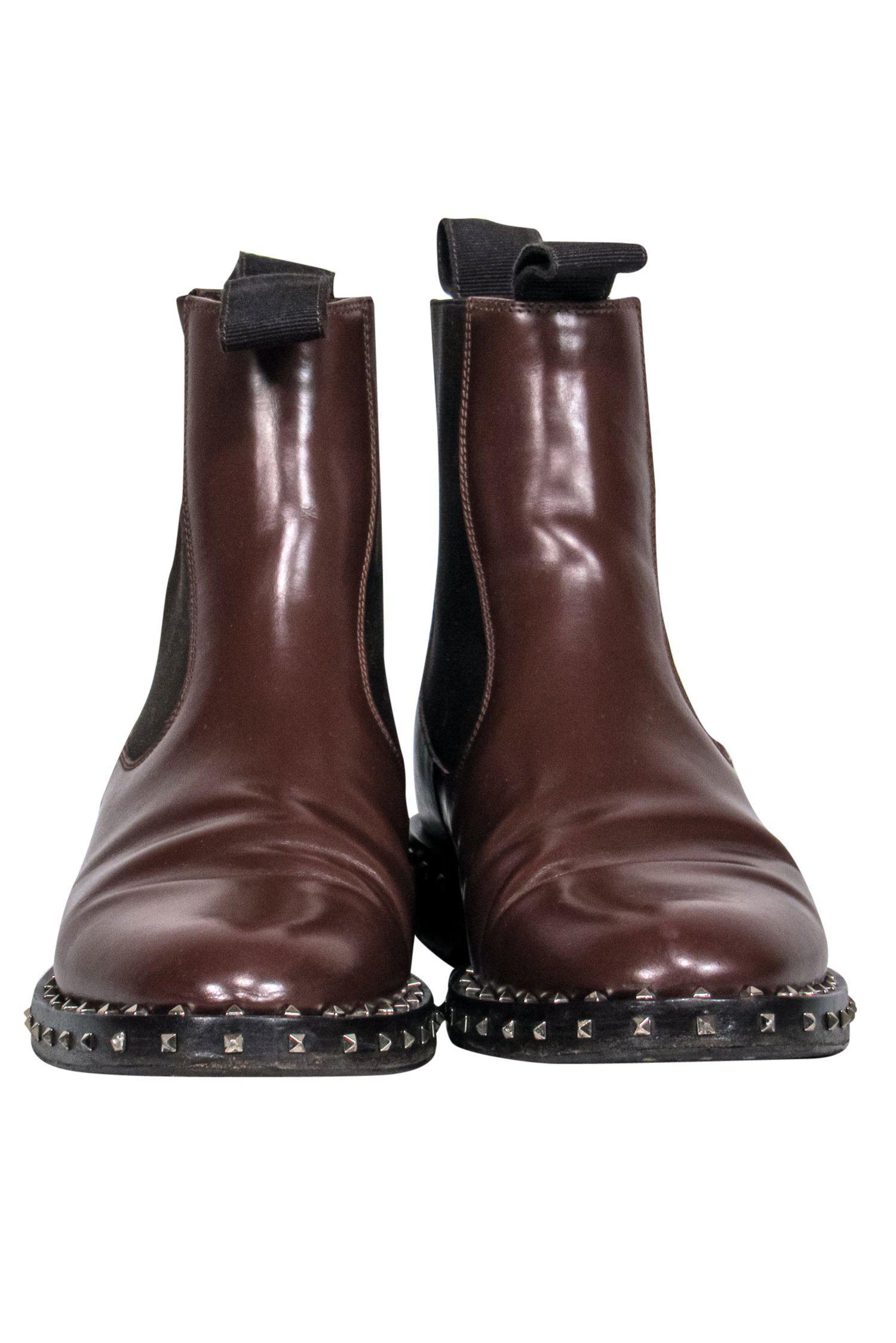 Valentino Brown Studded Leather Chelsea Booties - Size 6.5