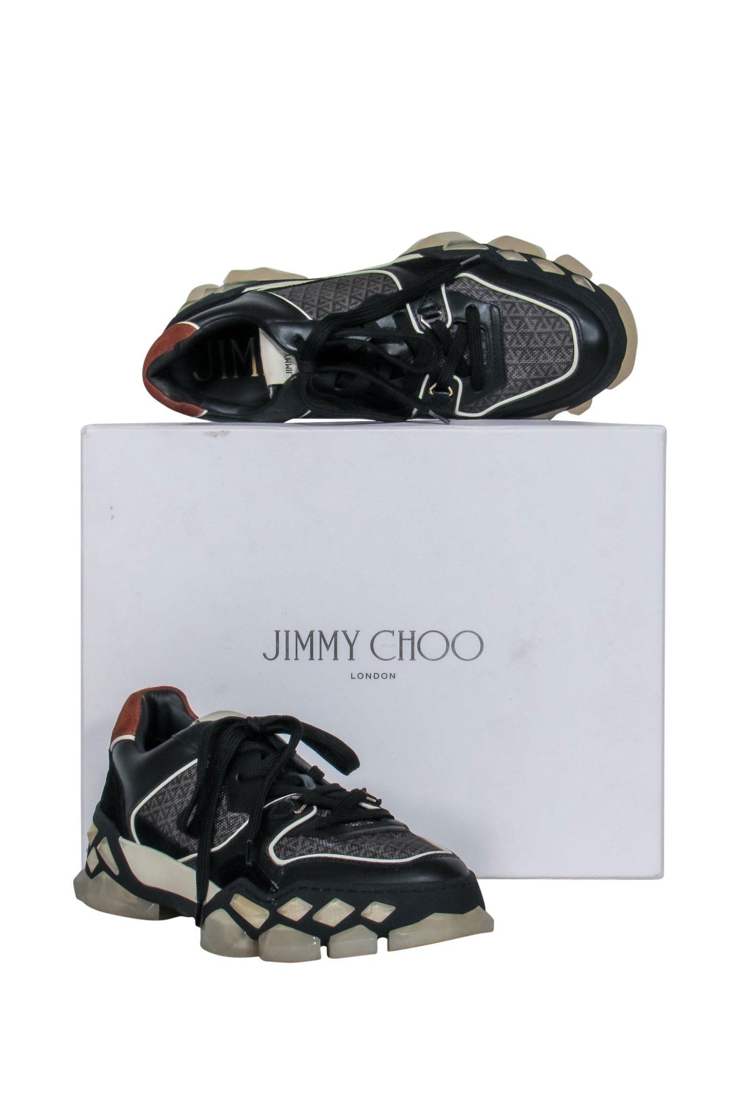 Jimmy Choo Stylish Black & Brown Leather & Suede Diamond Sole Sneakers - Size 10.5