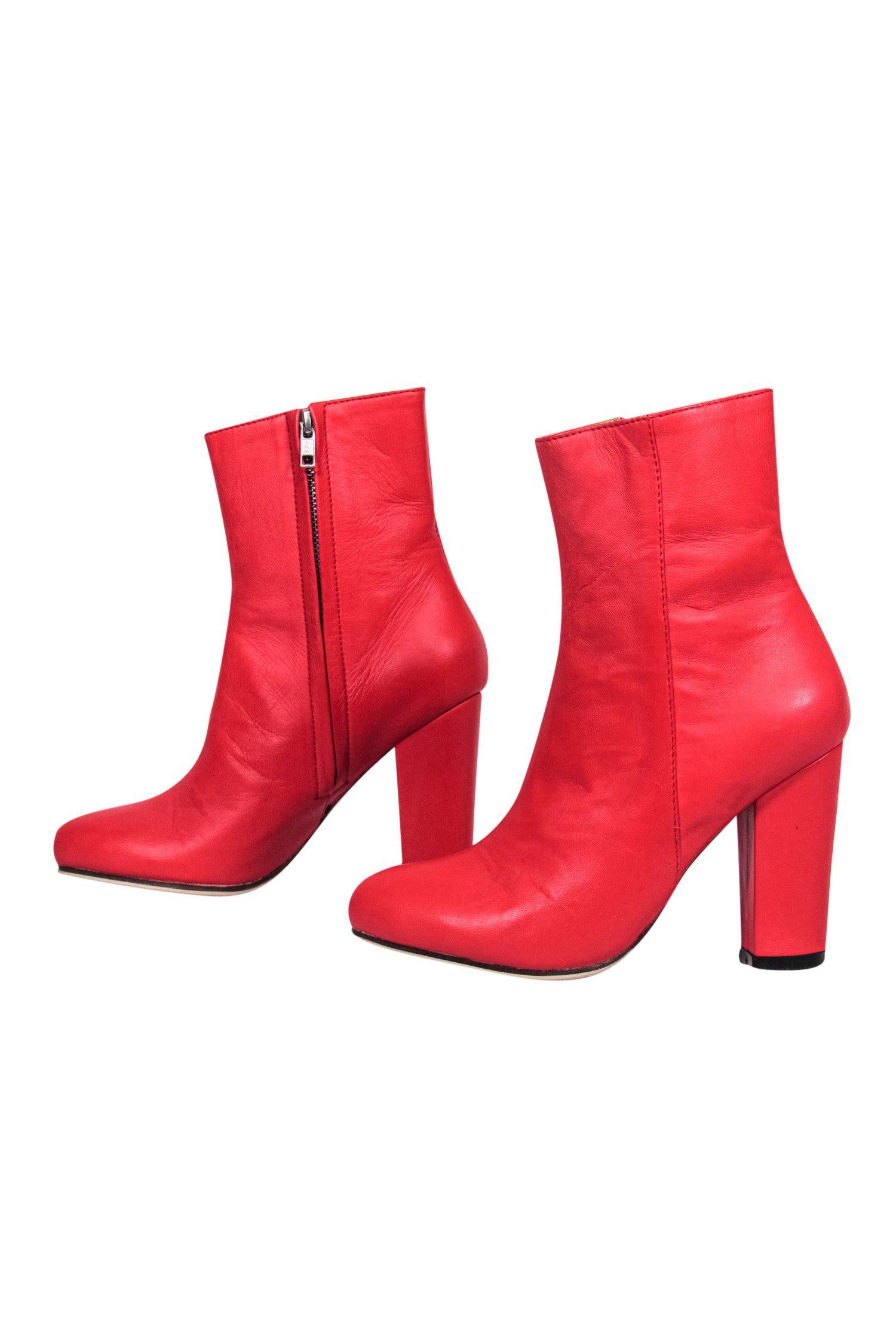 James Smith Fiery Red Leather Block Heel Booties - Size 7