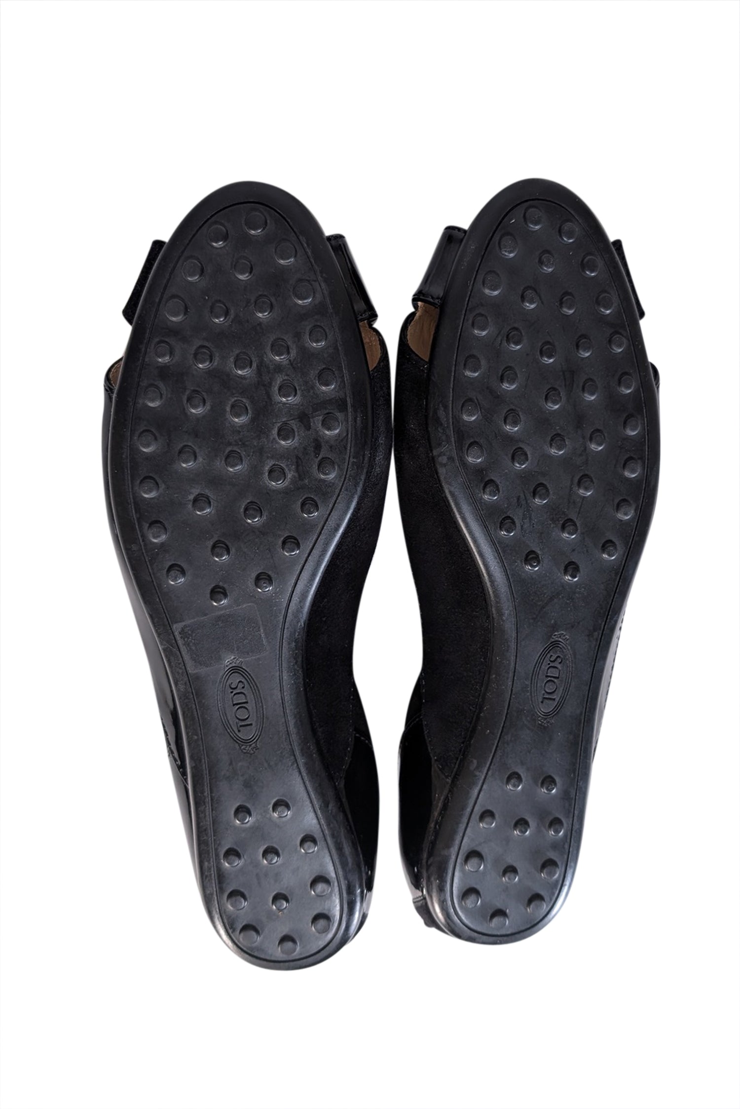 Tod's Stunning Black Suede & Patent Leather Peep Toe Flats - Size 8.5