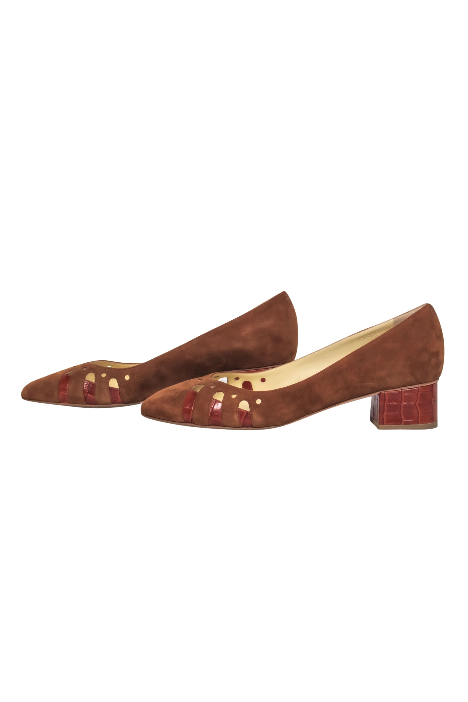 Sarah Flint Brown Suede Block Heel Pumps - Laser Cut & Crocodile Trim, Size 10