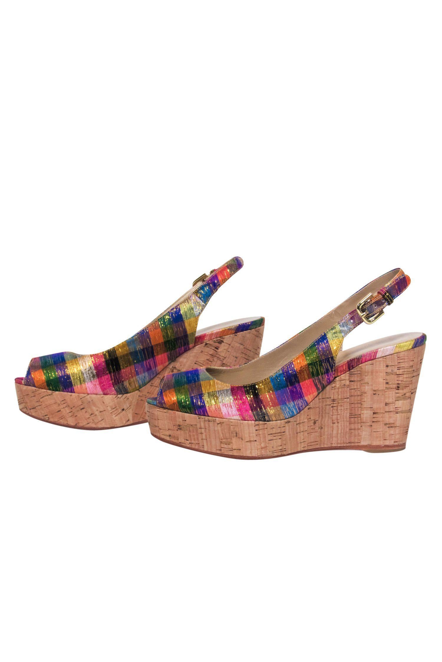 Stuart Weitzman's Glamorous Multicolored Metallic Plaid Peep Toe Slingback Cork Wedges - Size 7
