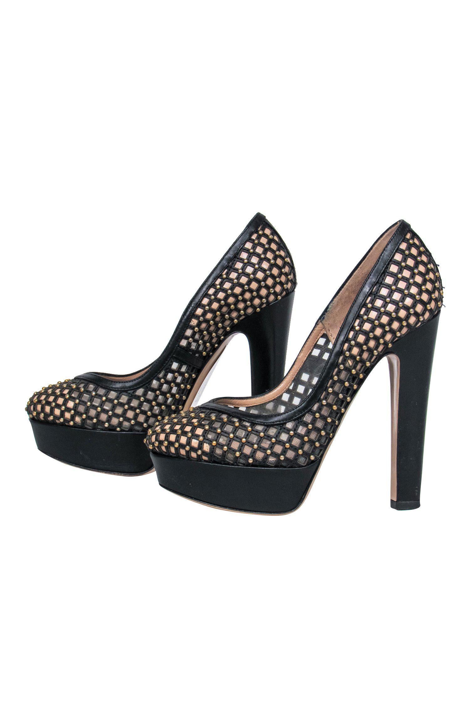 Valentino Glam! Black & Beige Mesh Gold Studded Platform Pumps - Size 7
