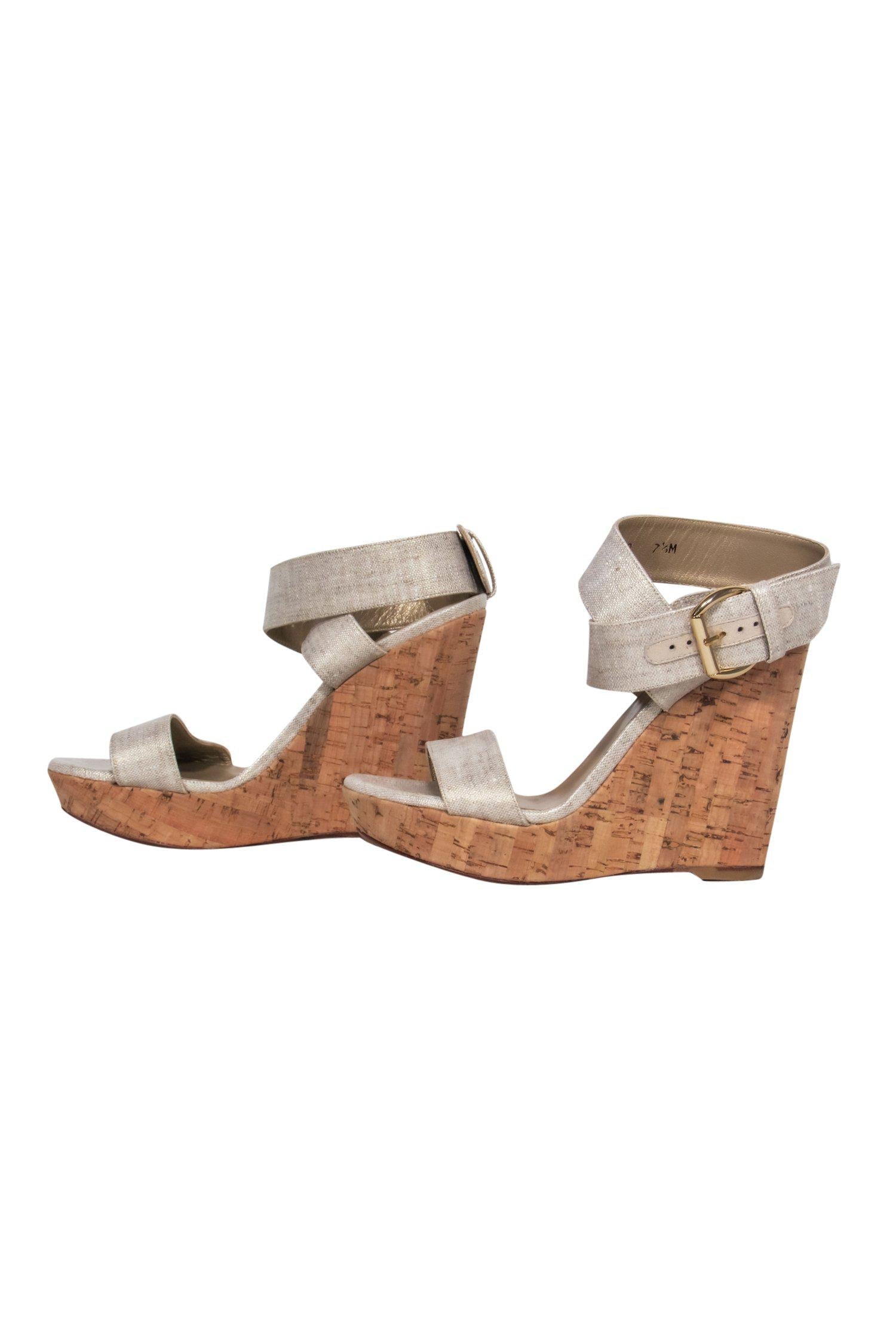 Stuart Weitzman's Gorgeous Champagne Strappy Cork Platform Wedges - Size 7.5