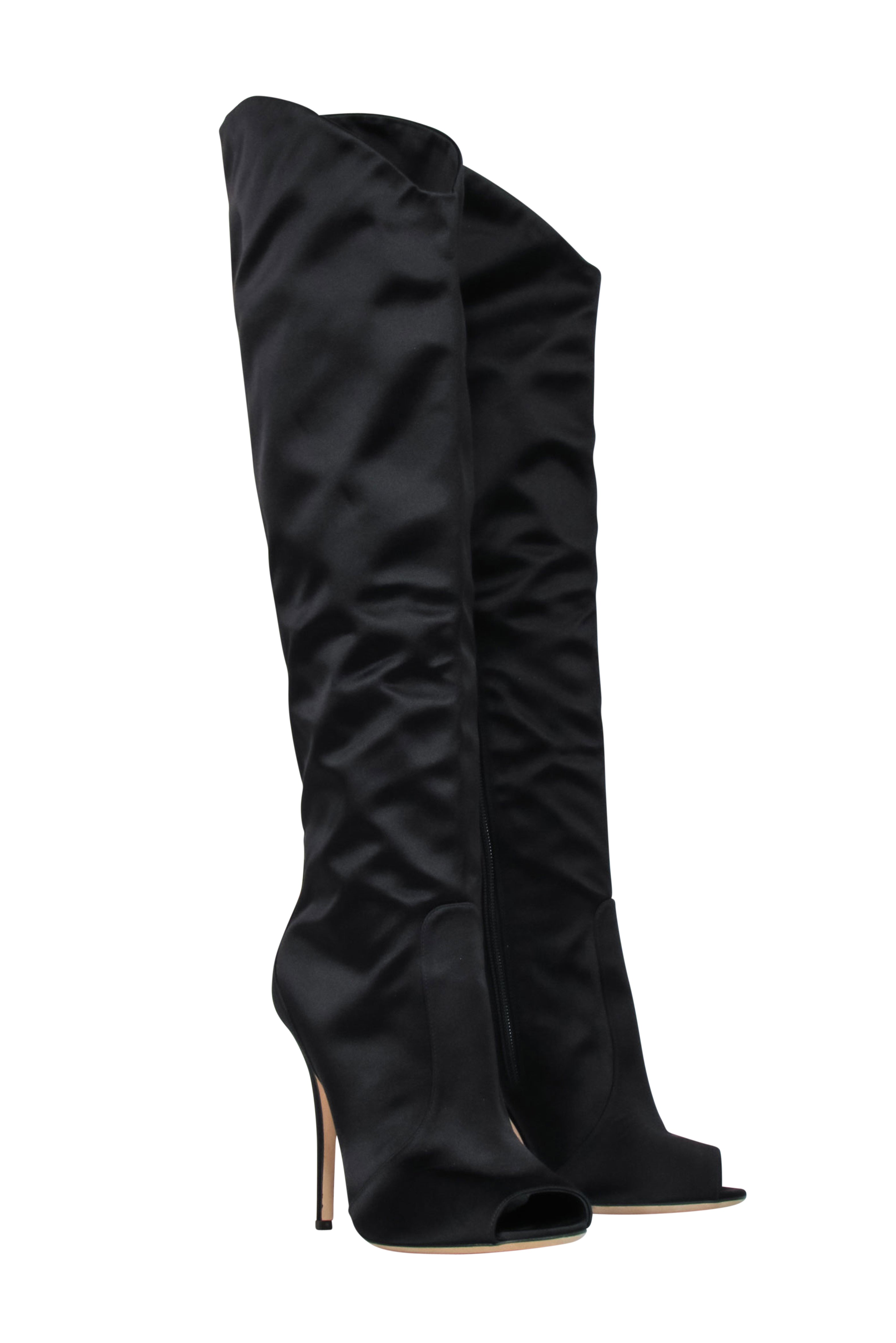 Giuseppe Zanotti Black Satin Peep-Toe Knee-High Boots - Size 8