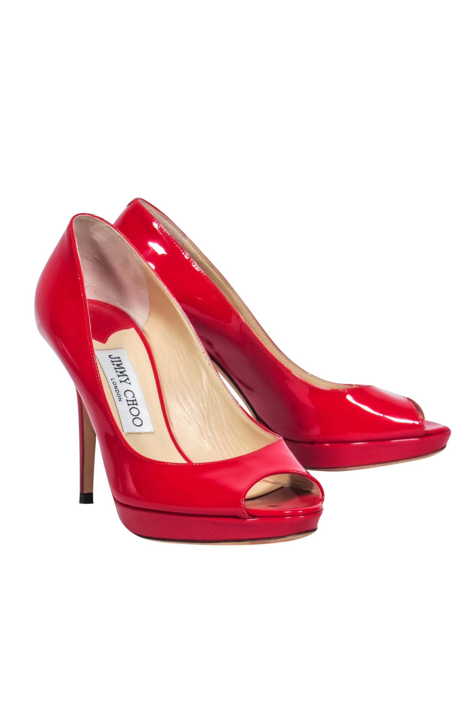 Jimmy Choo Red Patent Leather Luna Peep - Toe Pumps, Size 6