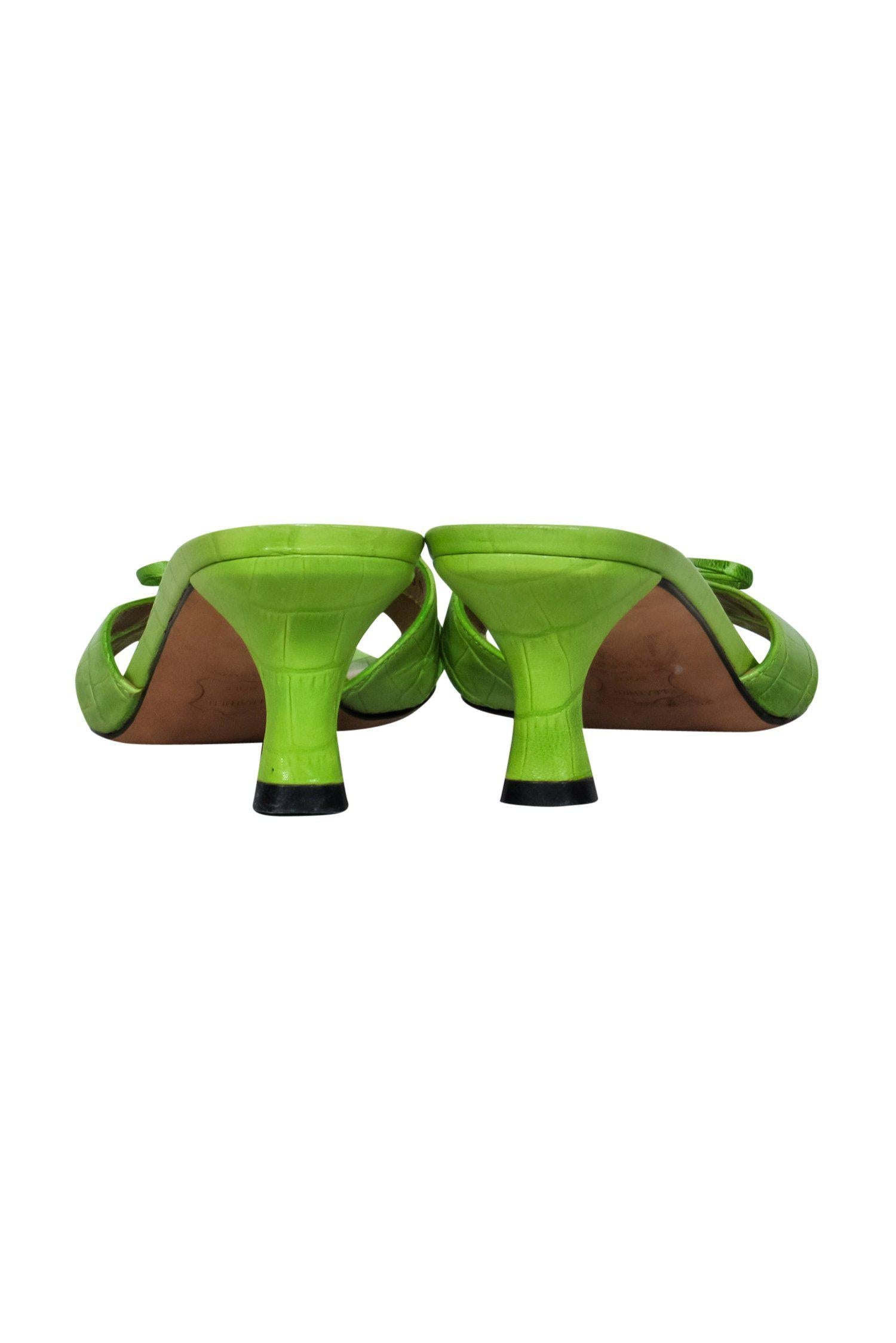 Stuart Weitzman Lime Green Reptile Embossed Slip-On Kitten Heels with Bow - Size 5.5