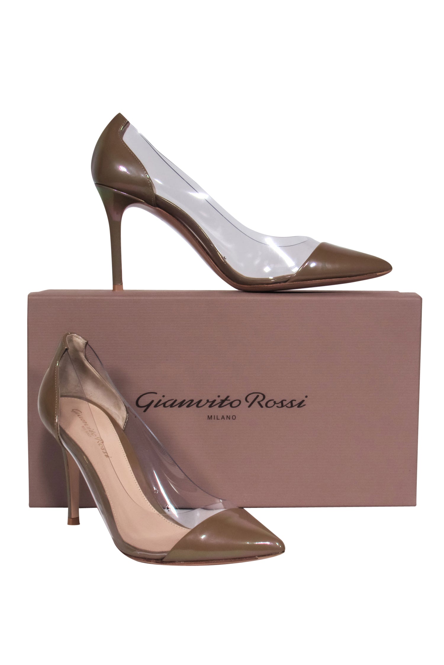 Gianvito Rossi Light Brown Patent Pointed Toe Pumps with Clear Paneling - Size 8