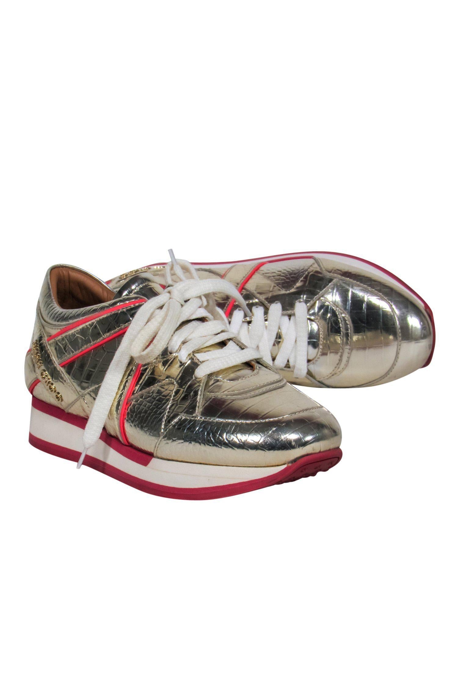 Jimmy Choo Gold Reptile-Embossed Lace-Up Platform Sneakers with Pink Trim - Size 5.5