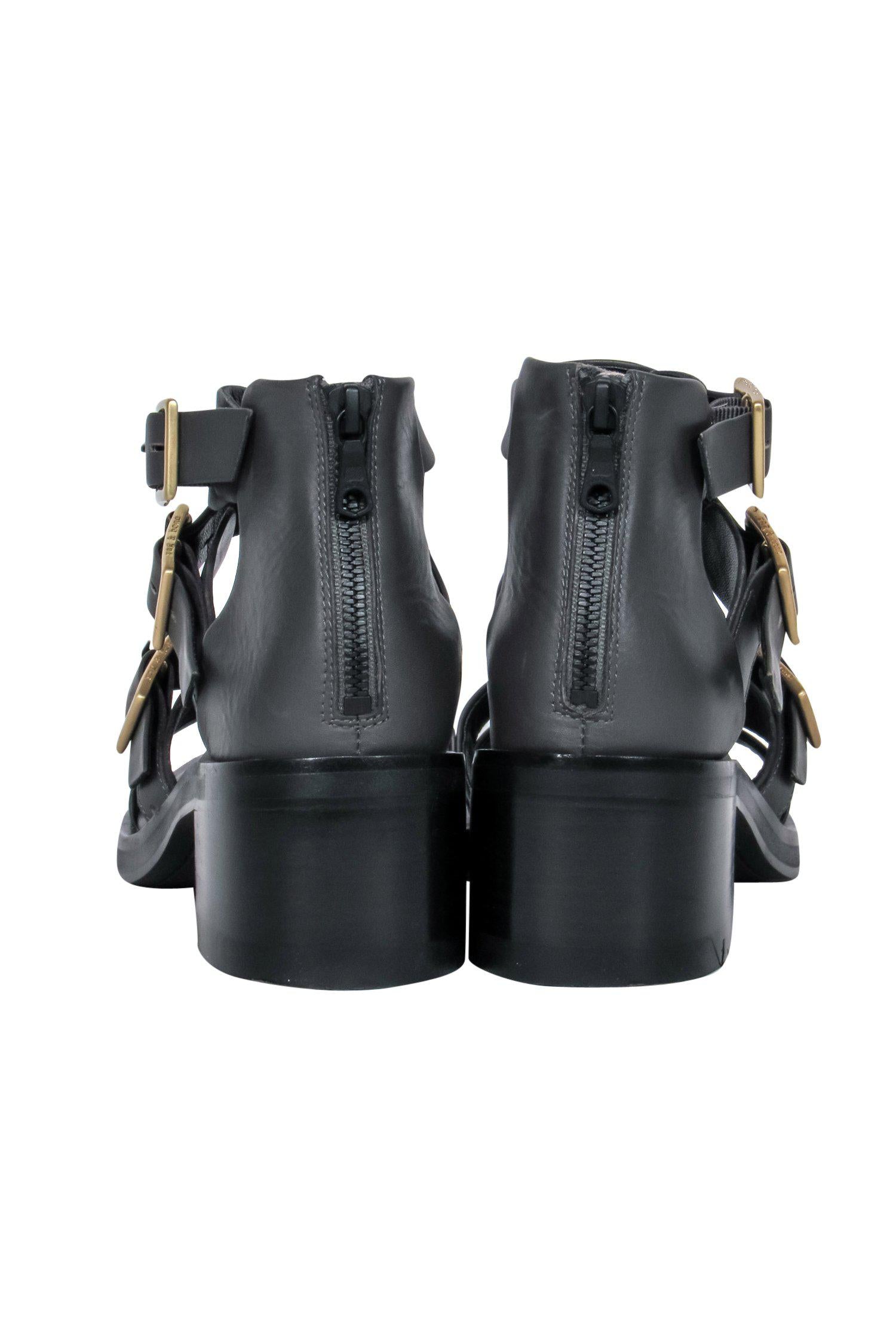 Rag & Bone Dark Grey Leather Buckled Heeled Sandals - Size 6.5