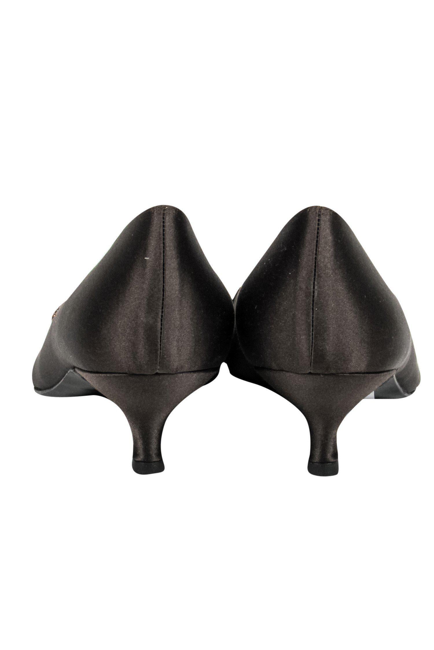 Stuart Weitzman's Stunning Brown Satin Kitten Heels with Metallic Applique - Size 9.5