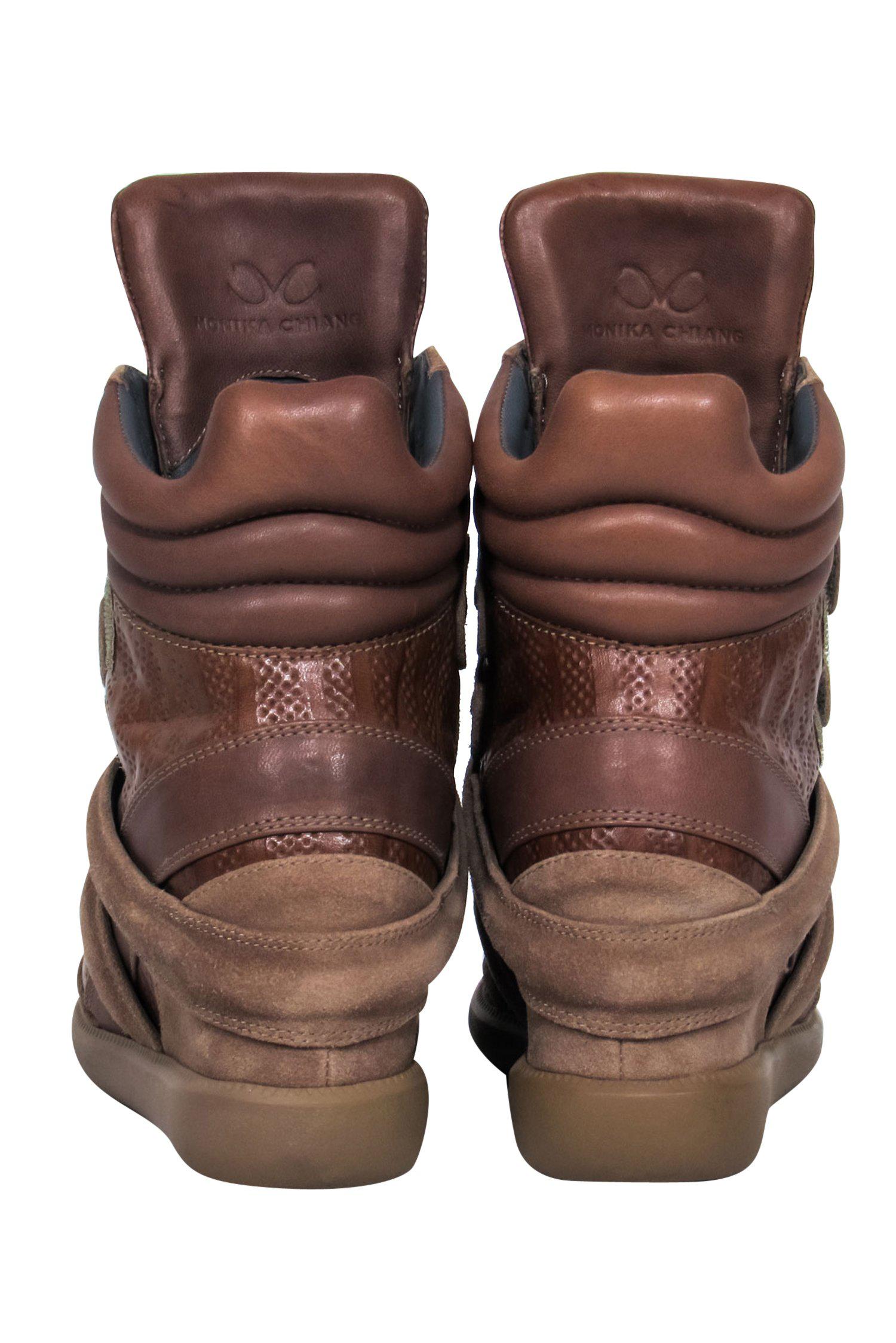 Monika Chiang - Stylish Brown Perforated Leather & Suede High Top Sneakers, Size 6