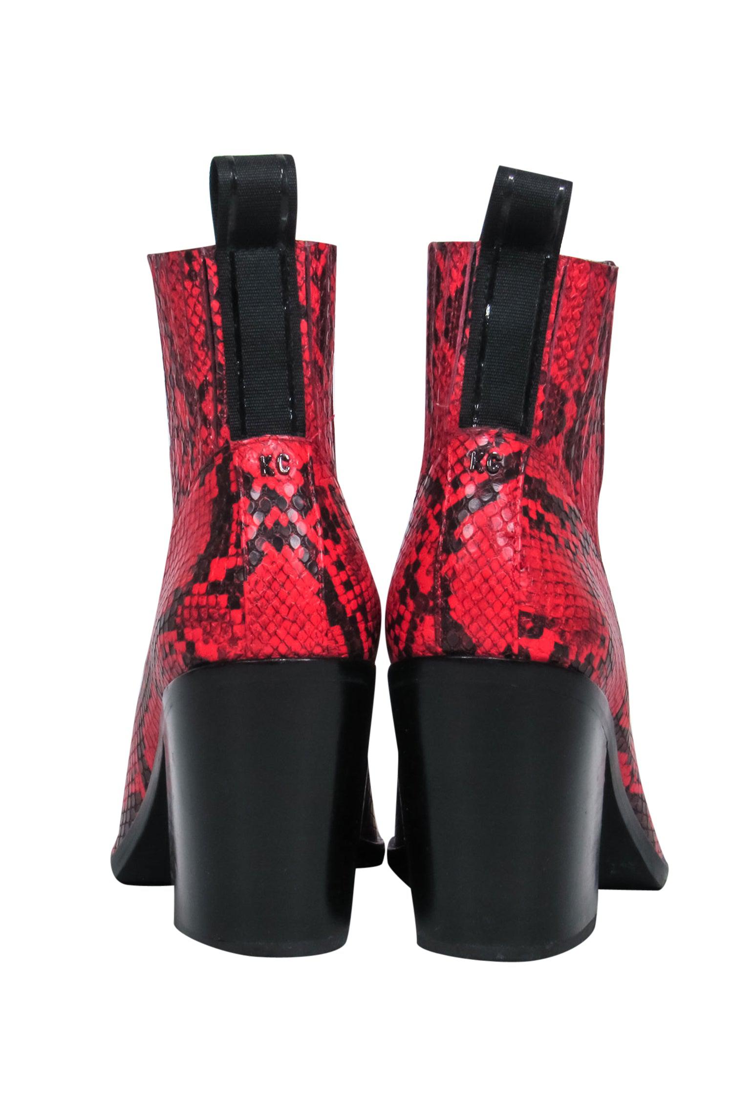 Kenneth Cole - Fiery Red Snakeskin Embossed Leather Pointed Toe Boots - Size 6.5
