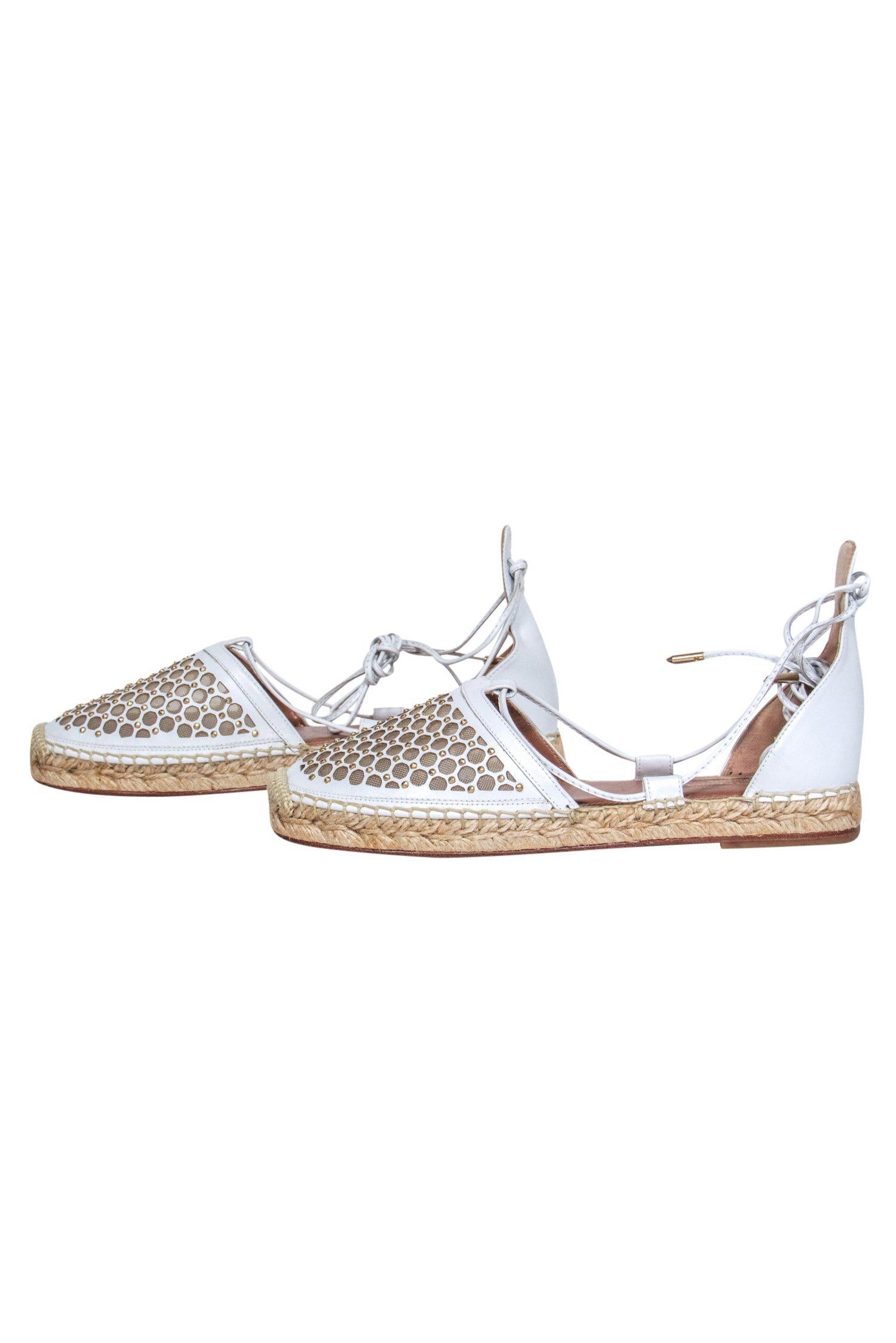 Aquazzura's Glamorous White Mesh Studded Lace - Up Espadrilles, Size 7