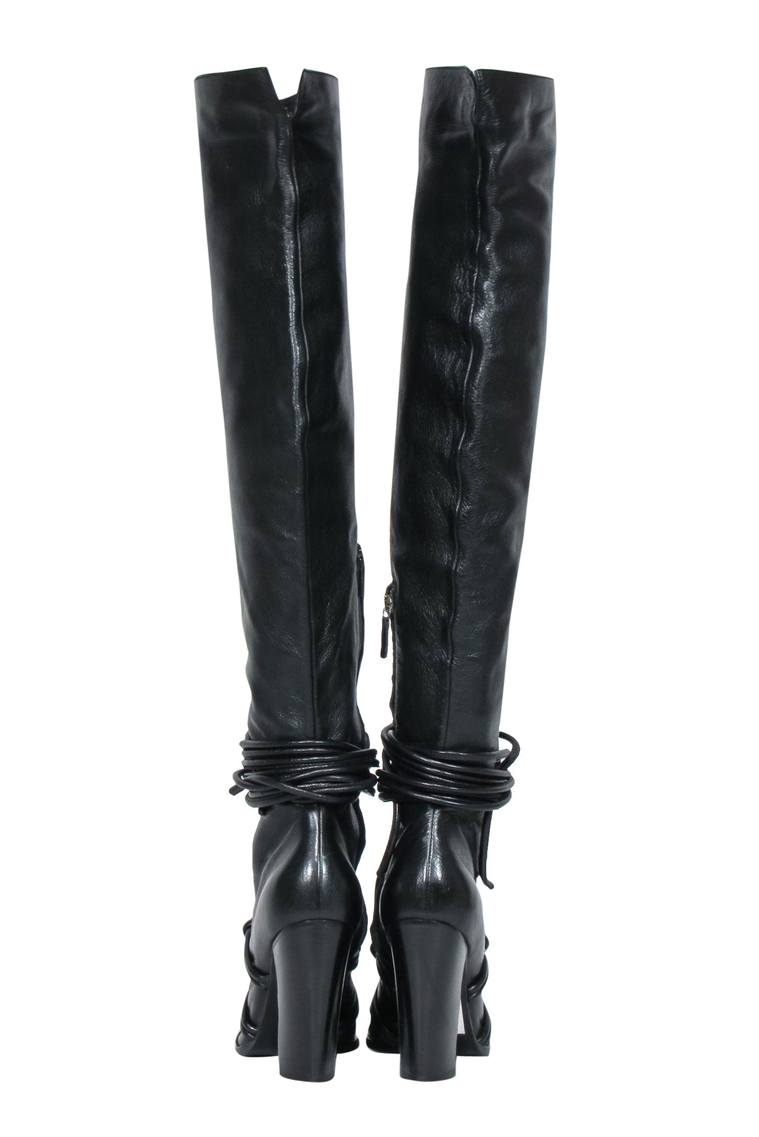 Yves Saint Laurent - Stunning Black Leather Thigh High Boots with Braided Lace-Up Design, Size 10