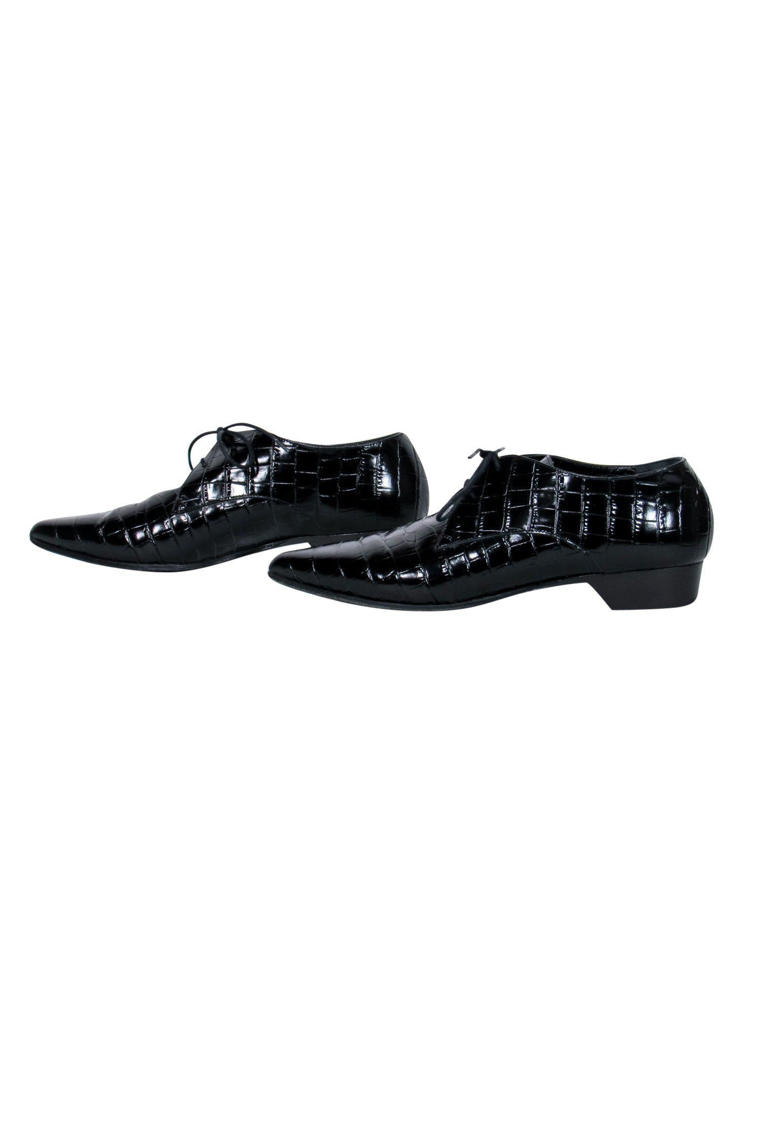 Alumnae Black Crocodile Embossed Patent Leather Pointed Toe Heel Loafers - Size 8.5