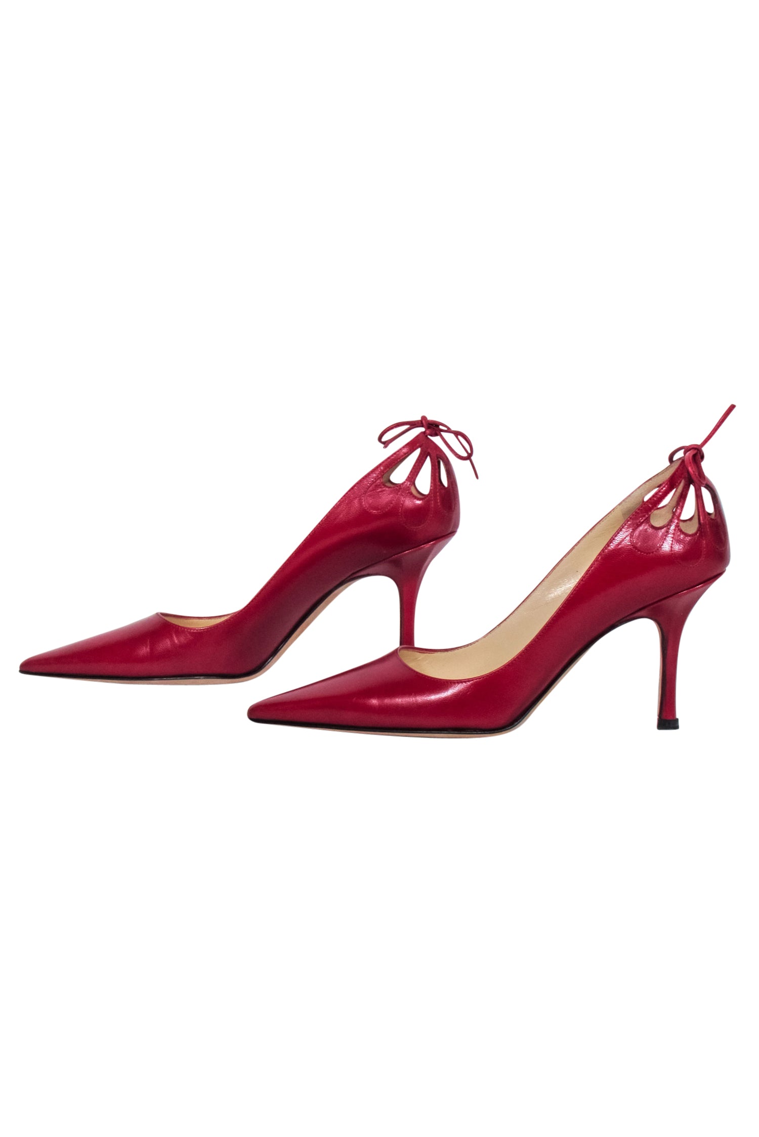 Jimmy Choo Red Leather Pointed-Toe Lasercut Bow Pumps - Size 6.5