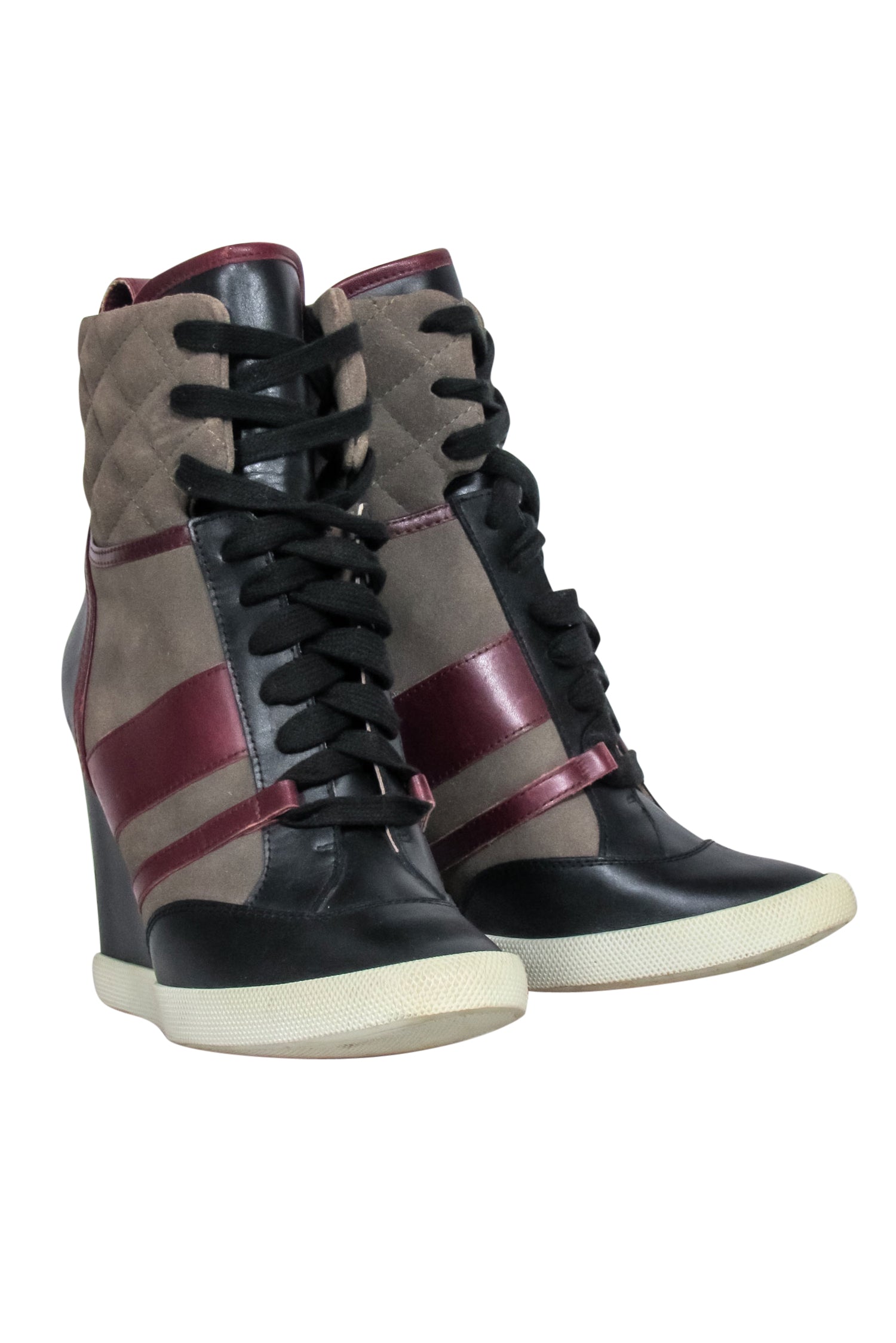 Chloe - Stunning Green, Maroon & Black Leather & Quilted Suede Wedge Sneakers Size 8.5