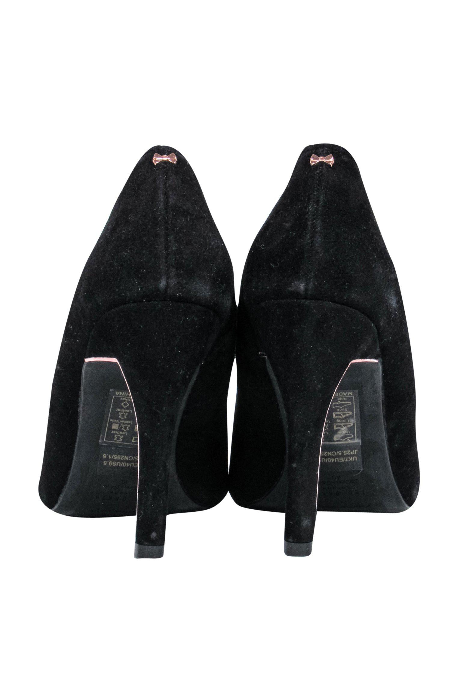 Ted Baker's Glamorous Black Suede Pointed Toe Heels with Rose Gold Trim - Size 9.5