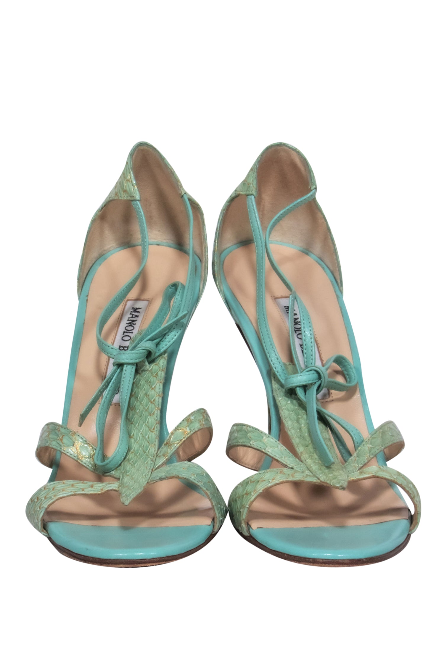 Manolo Blahnik Turquoise & Gold Snakeskin Strappy Pumps - Size 8.5, Irresistible for Fashionistas!