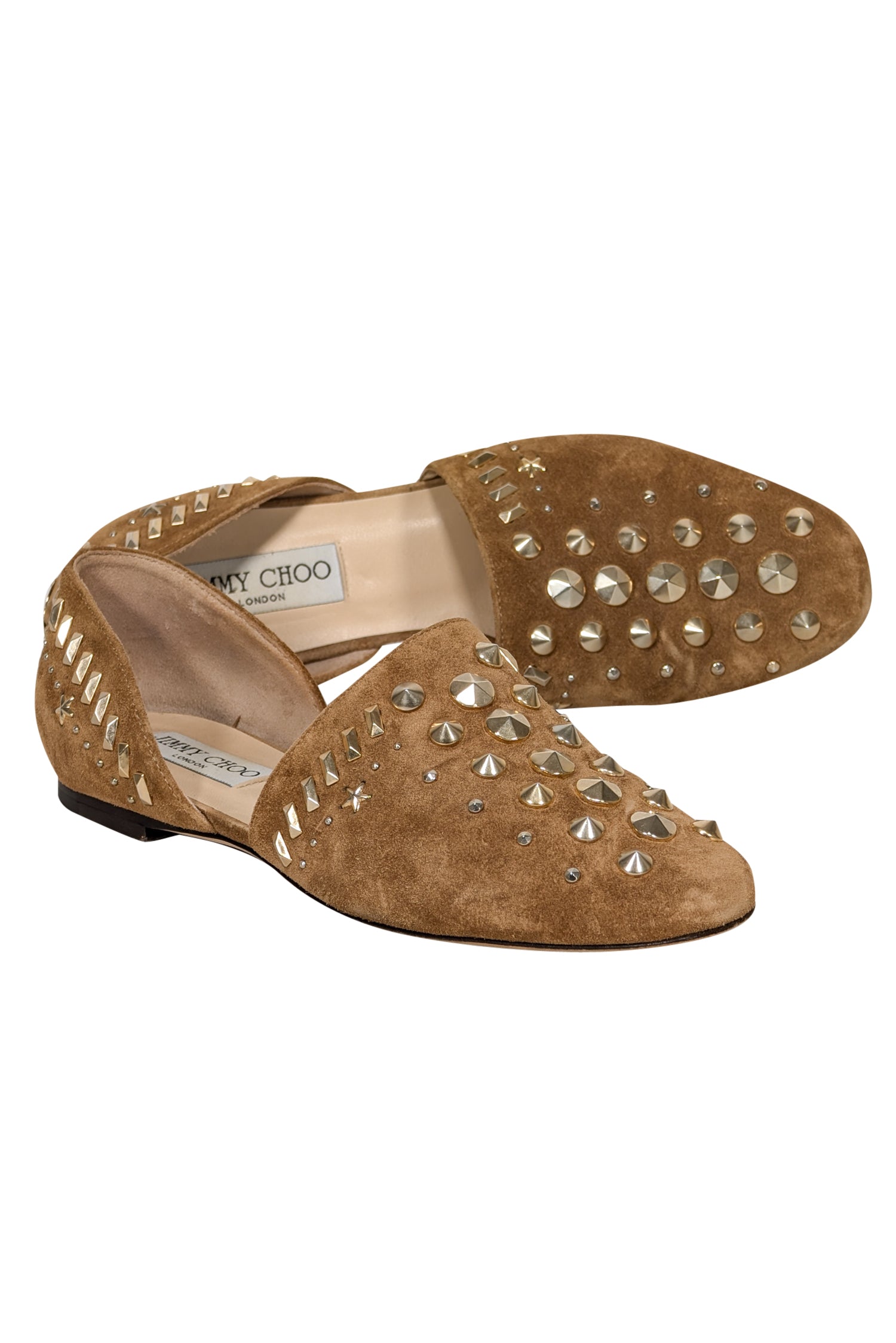 Jimmy Choo Tan Suede Flats with Gold Studded Trim - Size 6