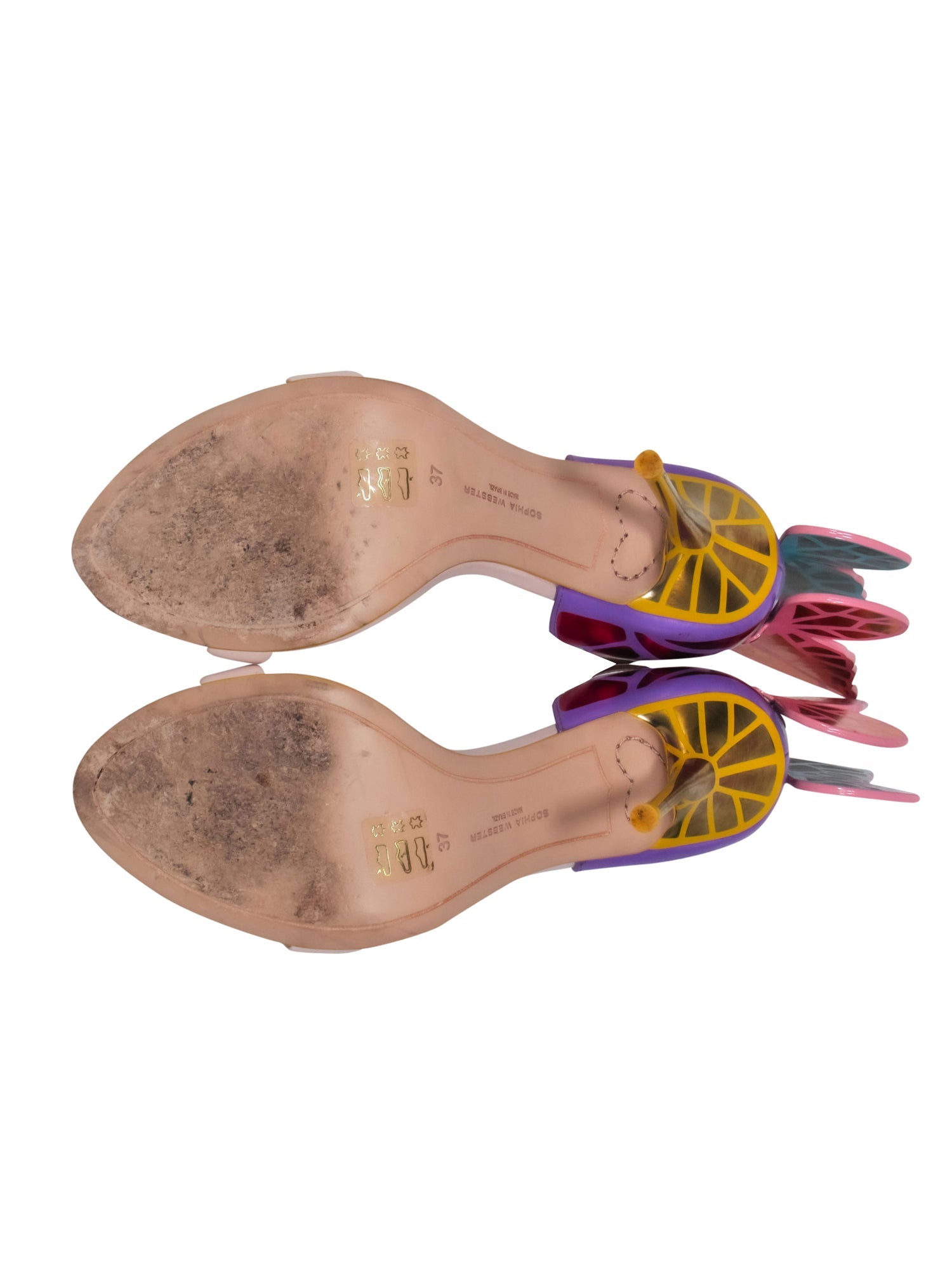 Sophia Webster's Magical Purple, Pink & Yellow Strappy Butterfly Heels - Size 6.5
