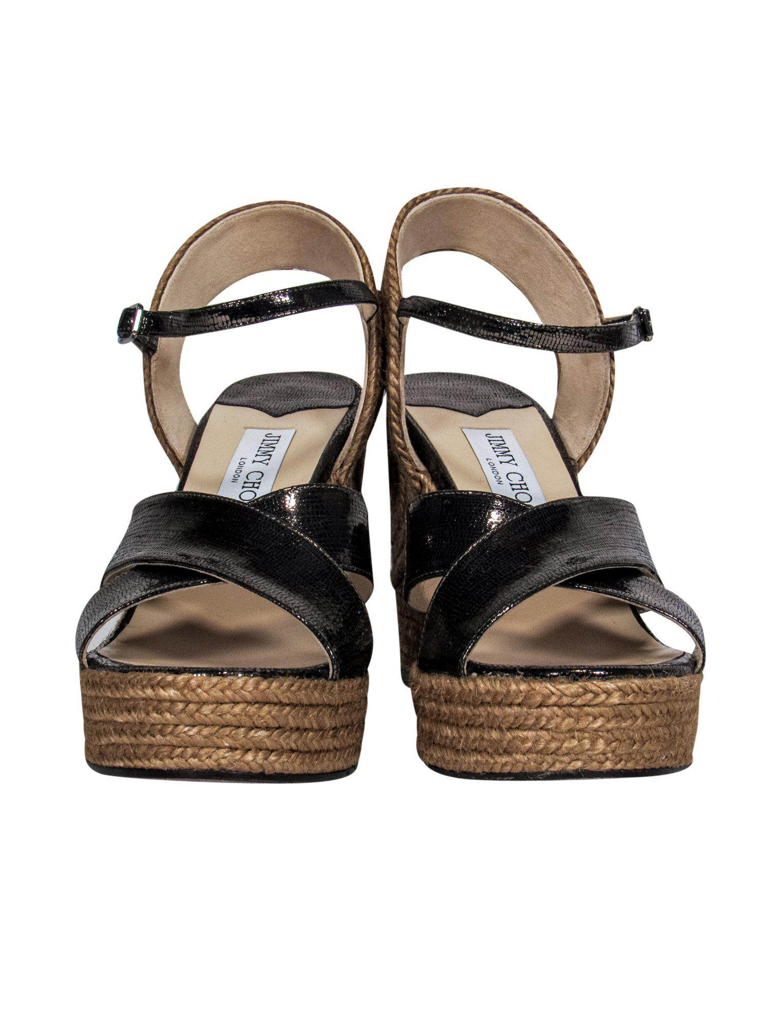 Jimmy Choo Pewter Faux Snakeskin Metallic Woven Wedges - Size 9: Shimmering Resort Footwear