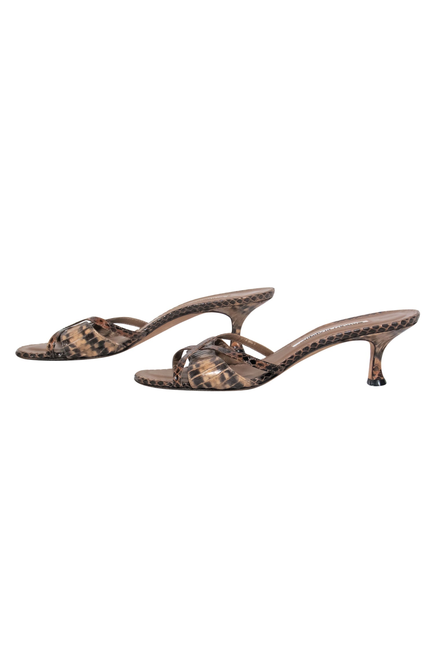 Manolo Blahnik Brown Snakeskin Strappy Open Toe Kitten Heels - Size 7.5: Slithery Chic!