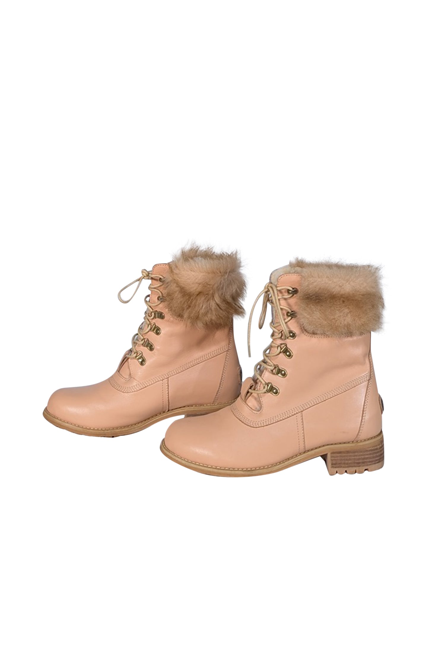Australia LUXE Collective - Stylish Beige Leather Combat Boots with Sheep Fur Trim, Size 9