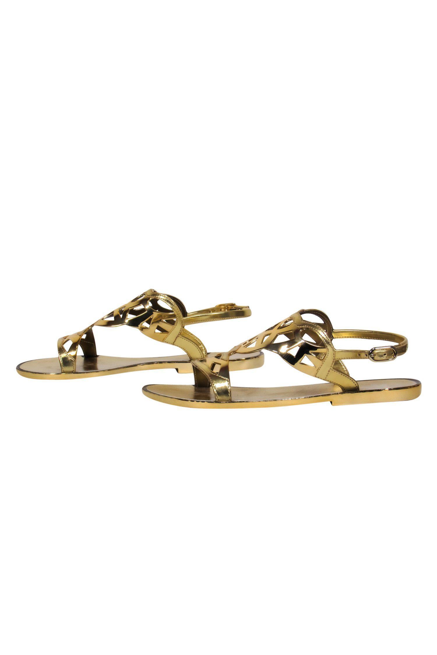 Stuart Weitzman Gold Patent Leather Cutout Sandals - Size 7