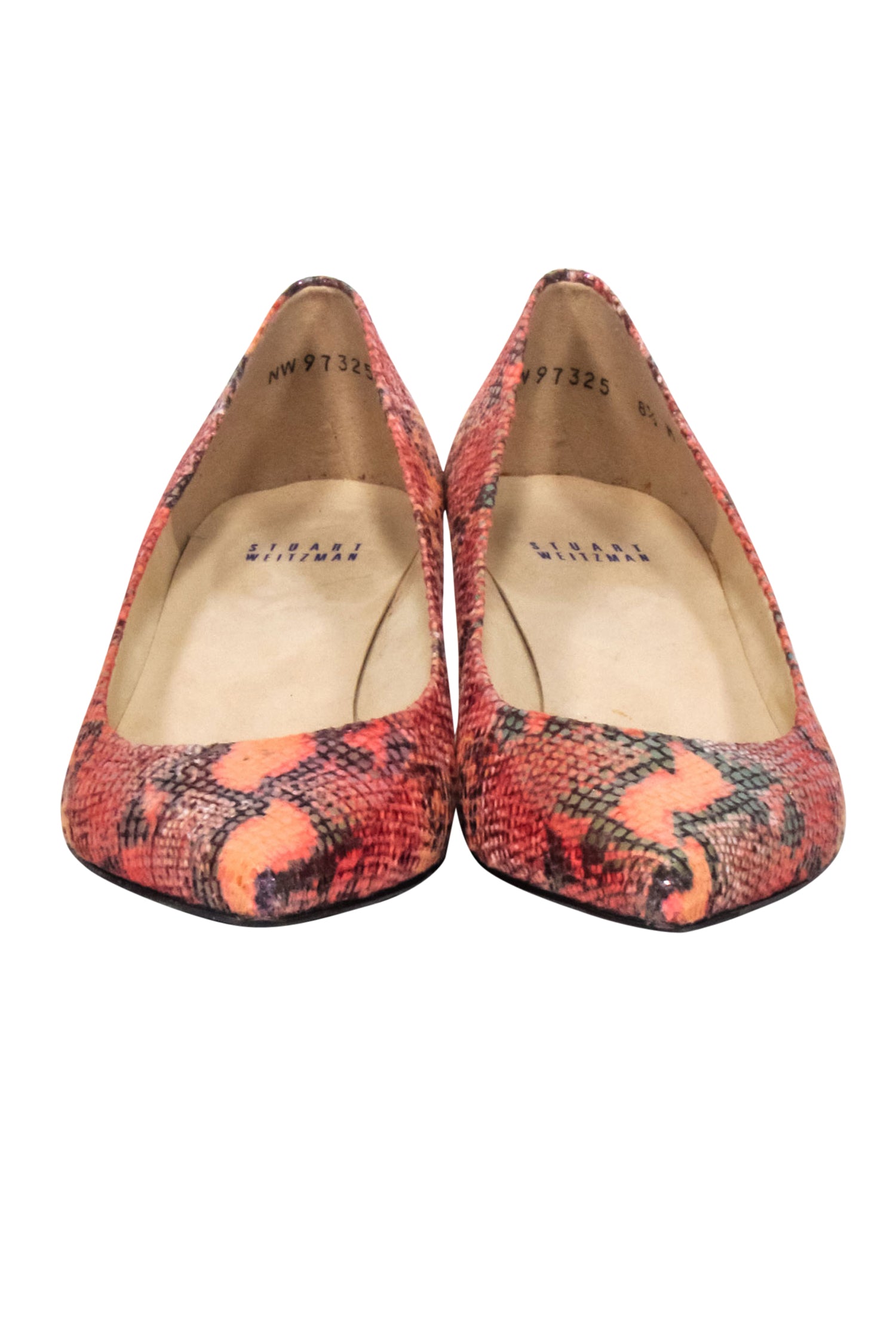Stuart Weitzman - Fiery Orange & Pink Snakeskin Print Kitten Heels, Size 8.5