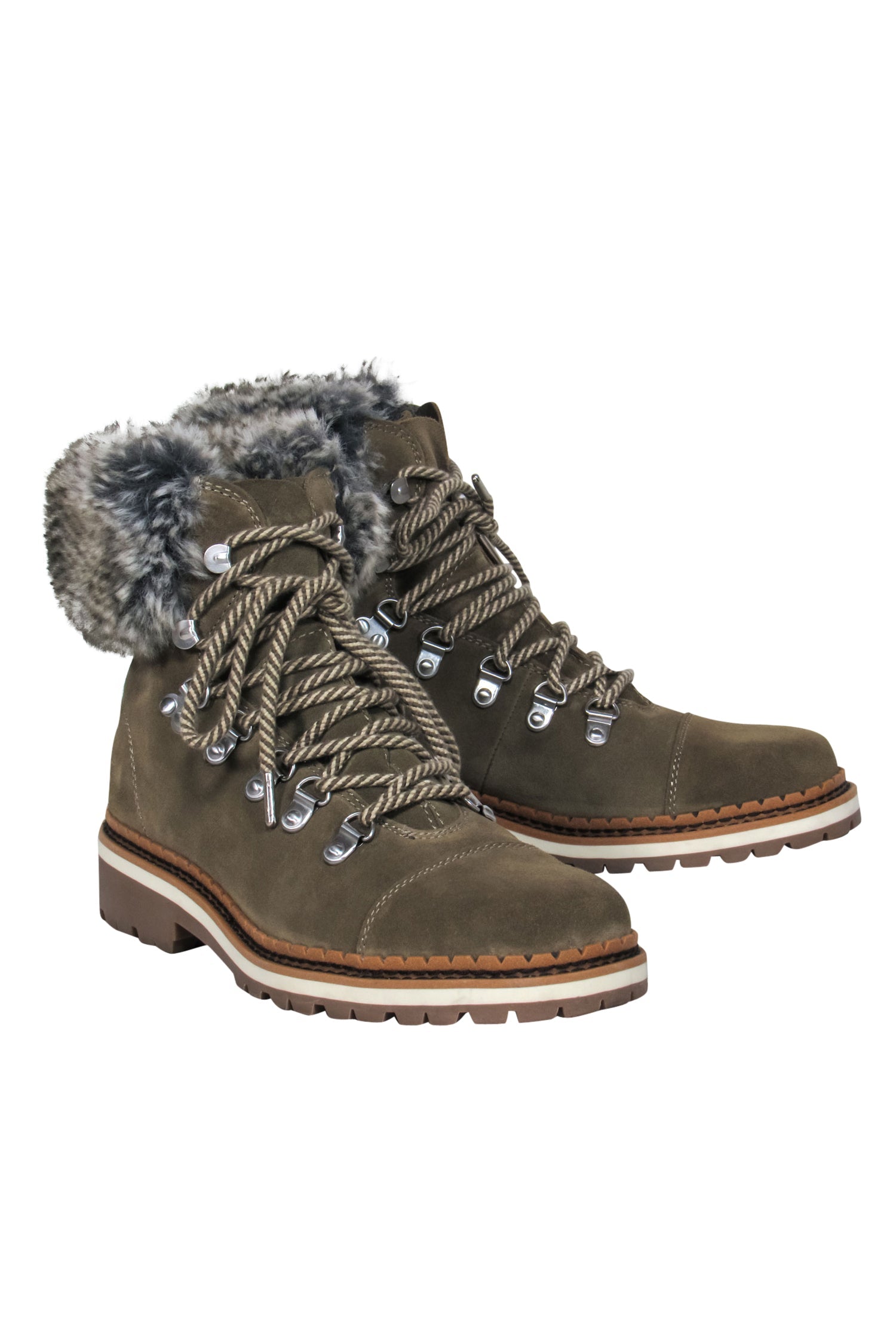 Sam Edelman Light Olive Suede Lace-Up Booties with Faux Fur Trim - Size 7